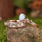 LCCjewelry | Heart Cut Natural Opal Couple Rings Leaf Design Wedding Ring Set