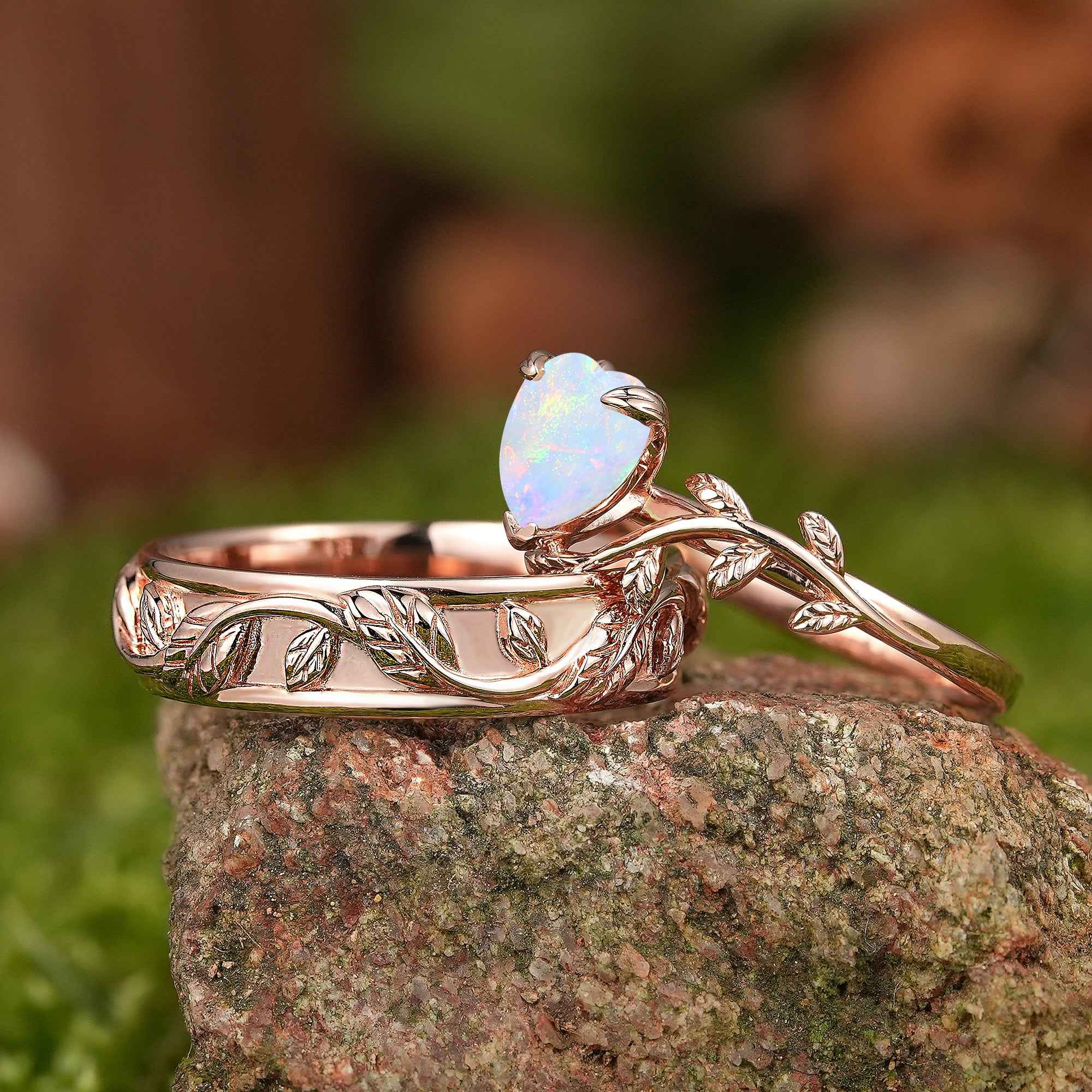 LCCjewelry | Heart Cut Natural Opal Couple Rings Leaf Design Wedding Ring Set