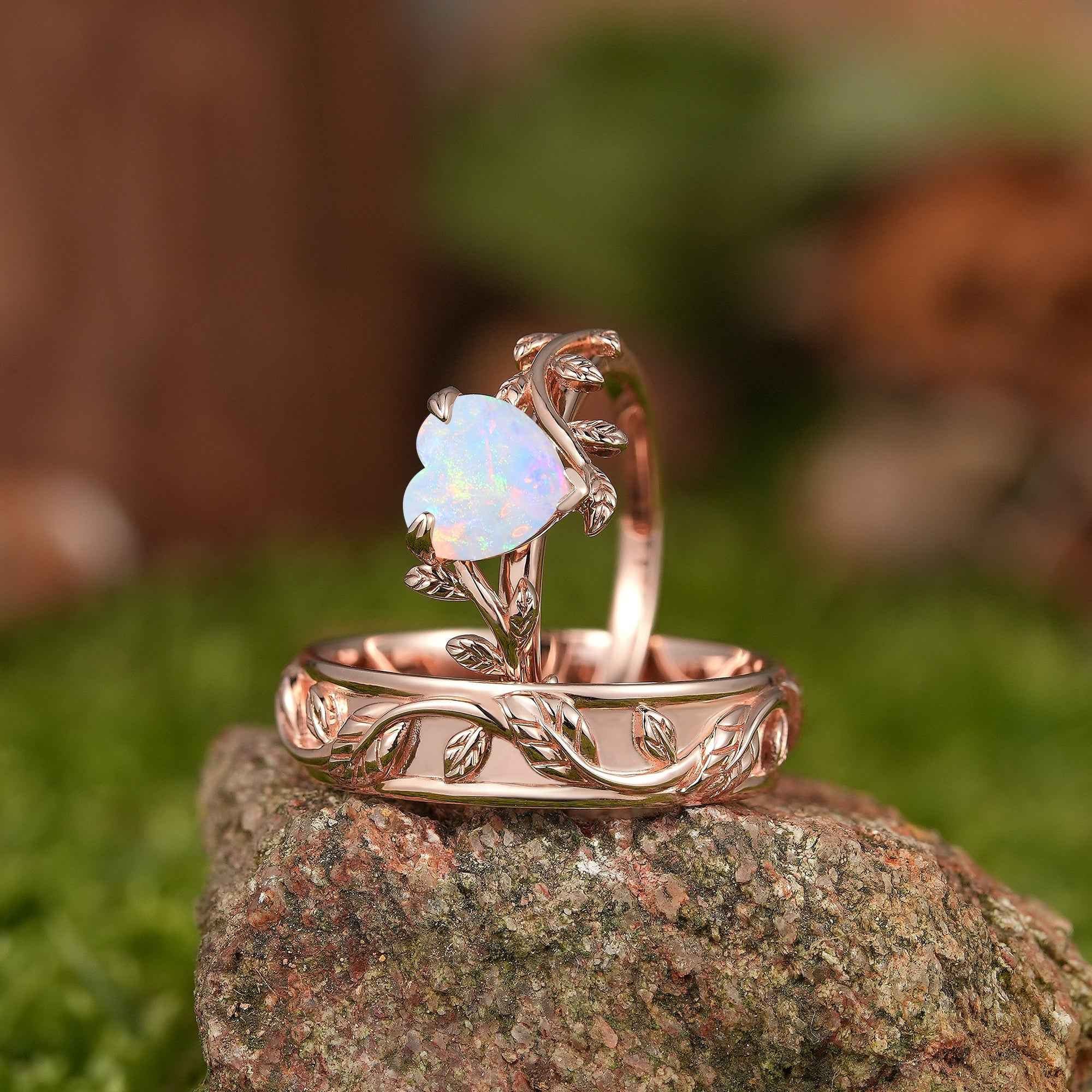 LCCjewelry | Heart Cut Natural Opal Couple Rings Leaf Design Wedding Ring Set