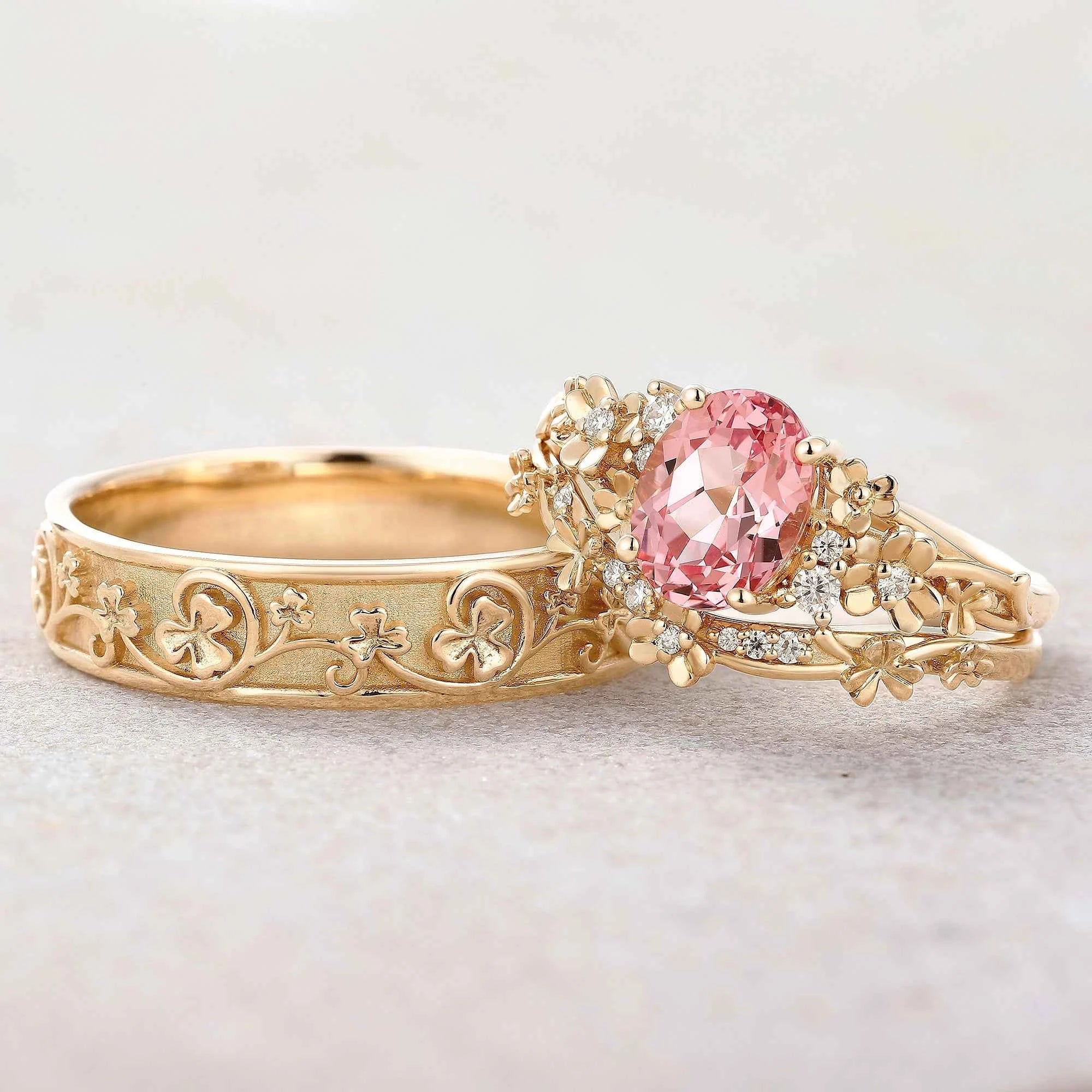 Floral Inspired | 3pcs Poppy Design Ruby Couple Rings Set