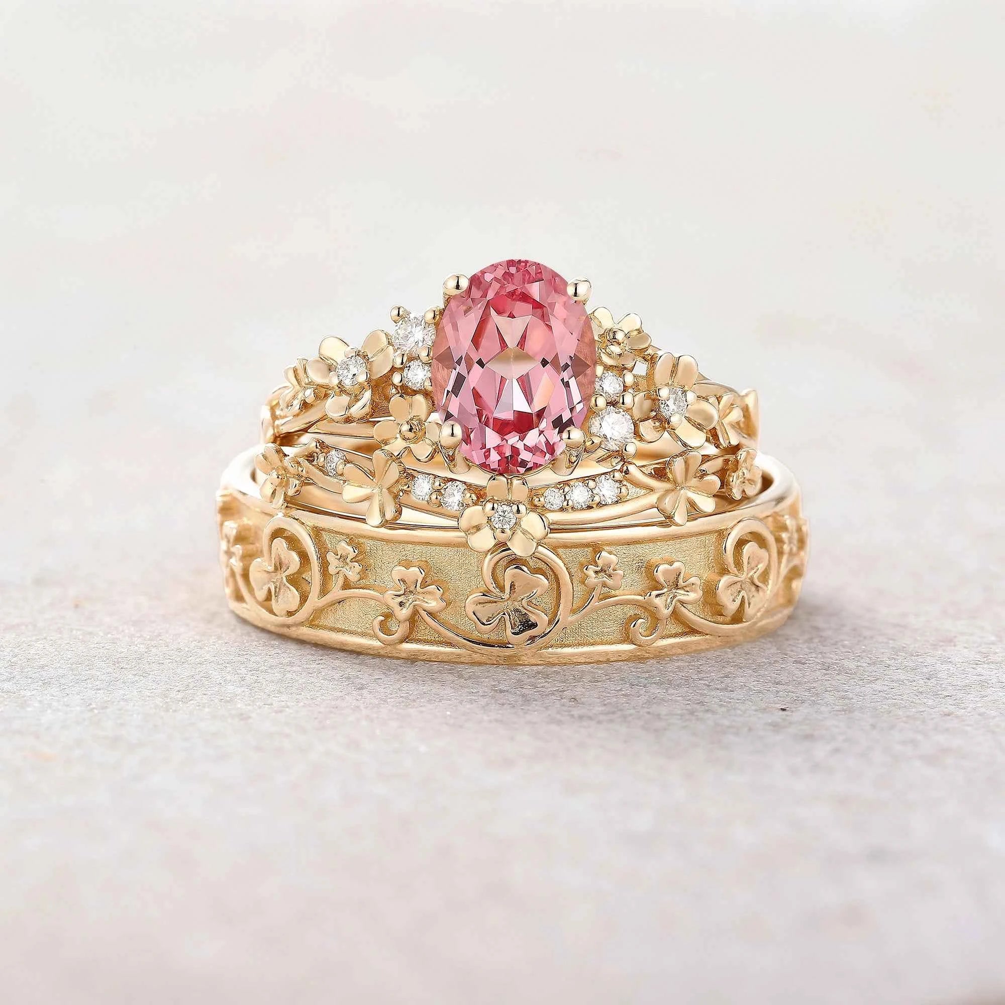Floral Inspired | 3pcs Poppy Design Ruby Couple Rings Set