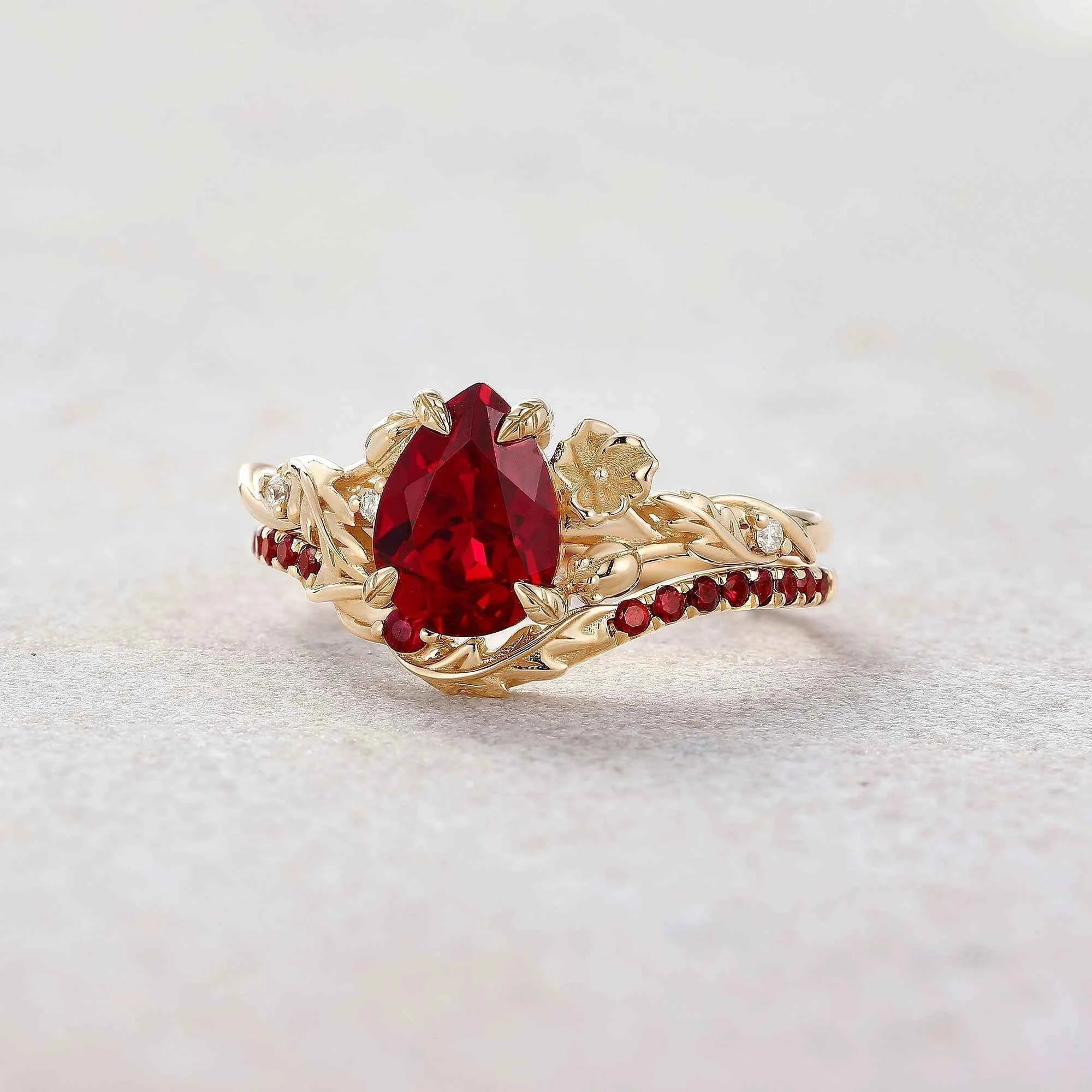 Floral Inspired | Daffodils Design Ruby Engagement Ring Set