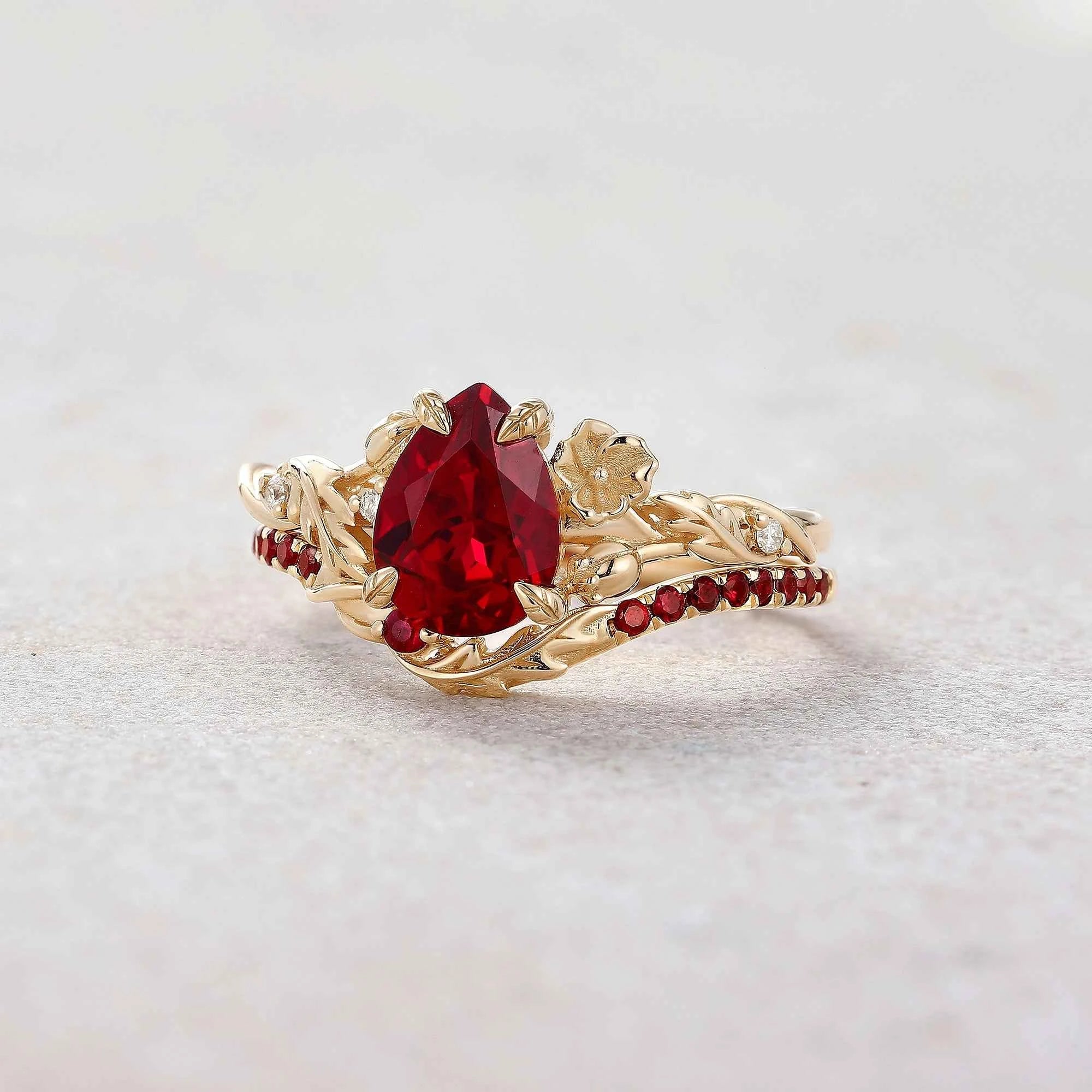 Floral Inspired | Poppy Design Ruby Engagement Ring Set