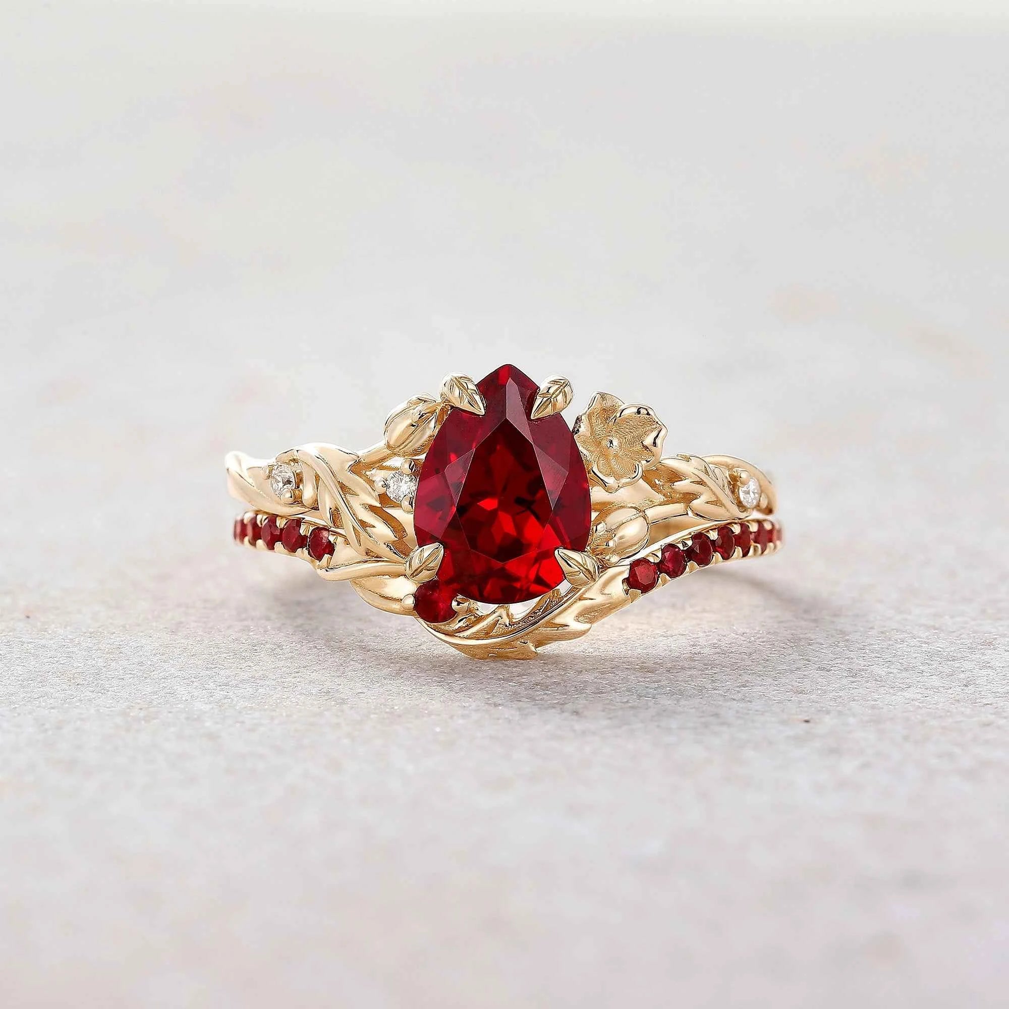 Floral Inspired | Poppy Design Ruby Engagement Ring Set