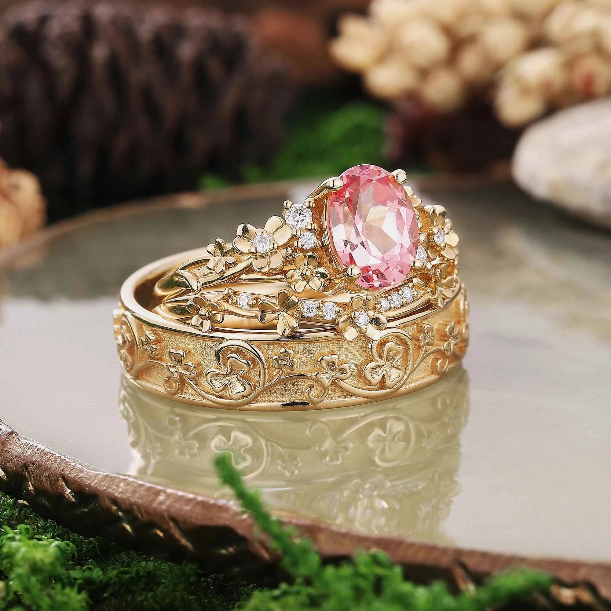 Floral Inspired | 3pcs Poppy Design Ruby Couple Rings Set