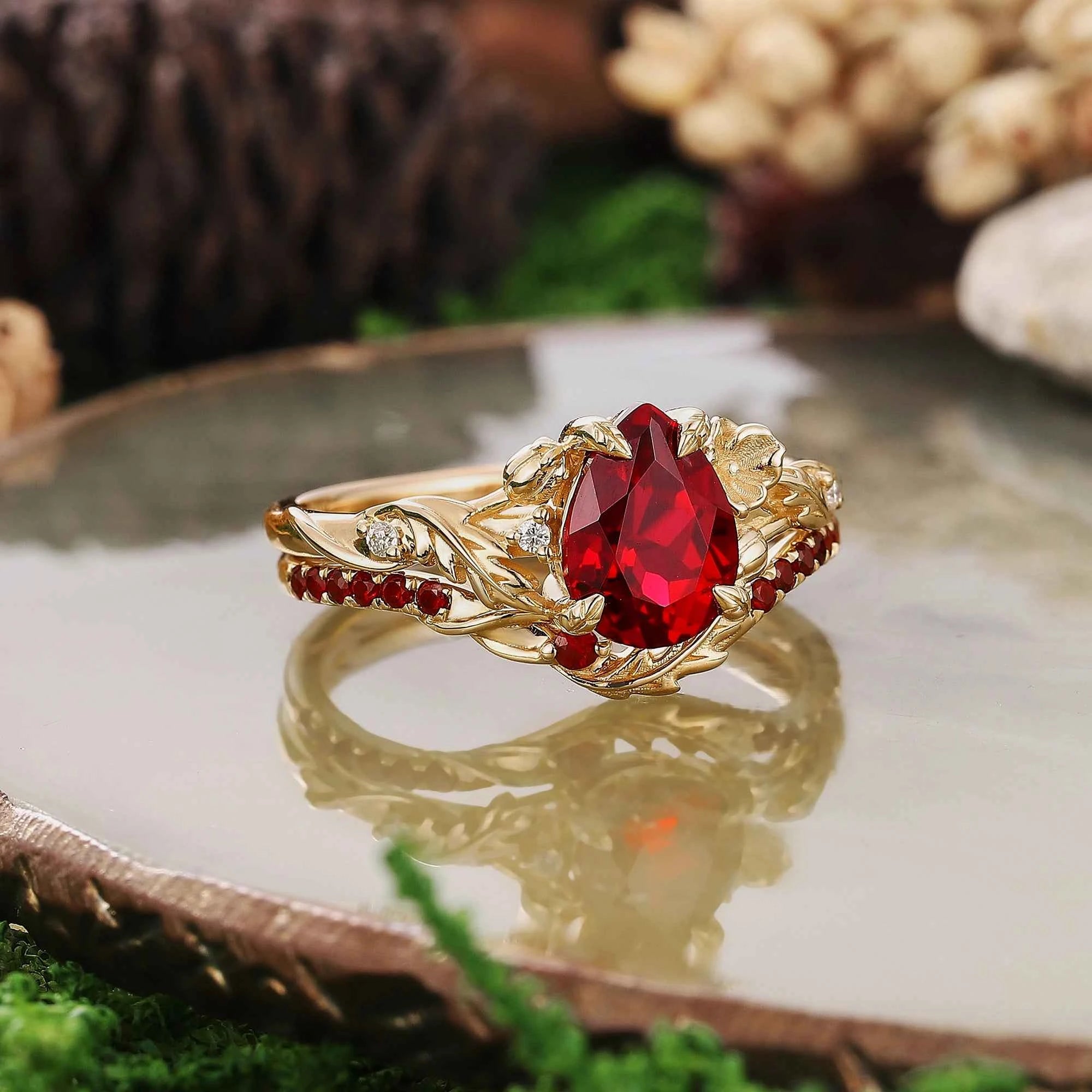 Floral Inspired | Poppy Design Ruby Engagement Ring Set