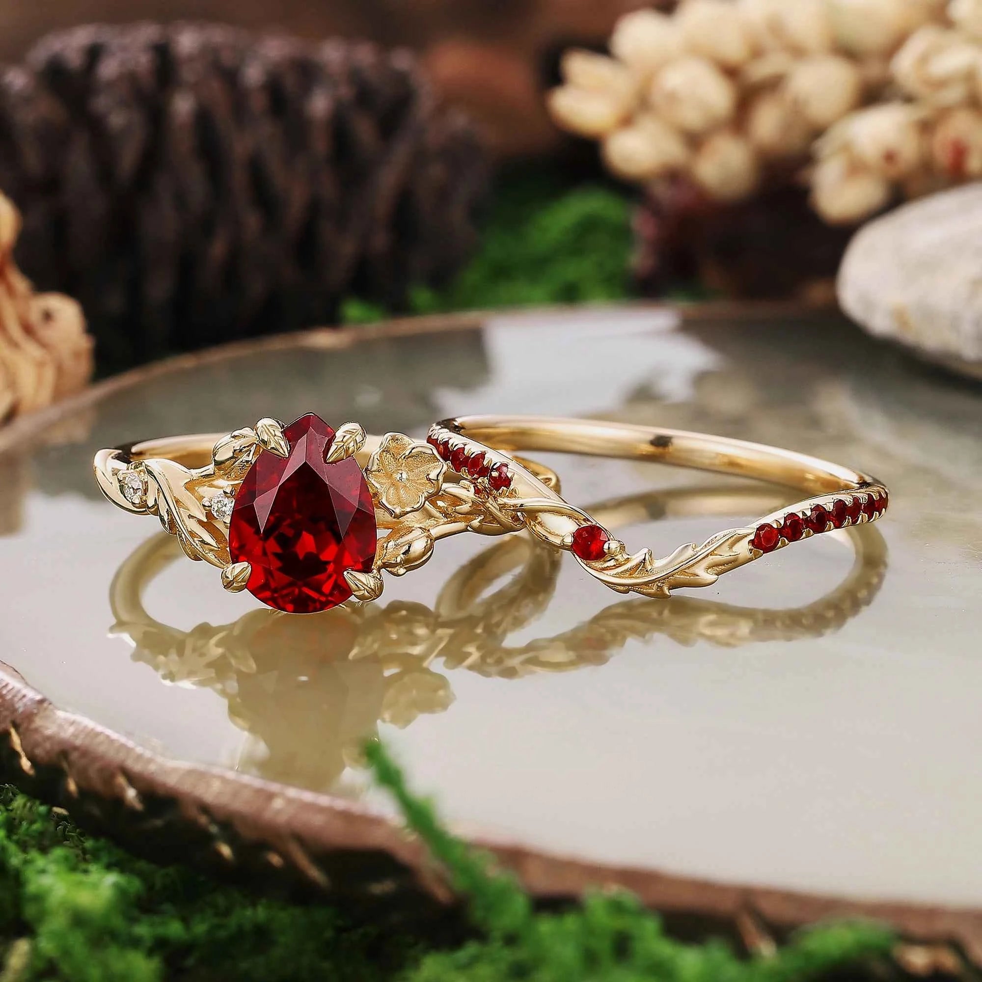 Floral Inspired | Poppy Design Ruby Engagement Ring Set