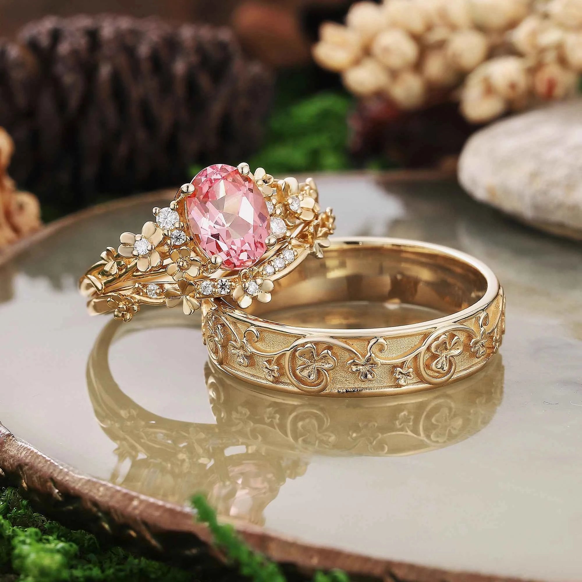 Floral Inspired | 3pcs Poppy Design Ruby Couple Rings Set