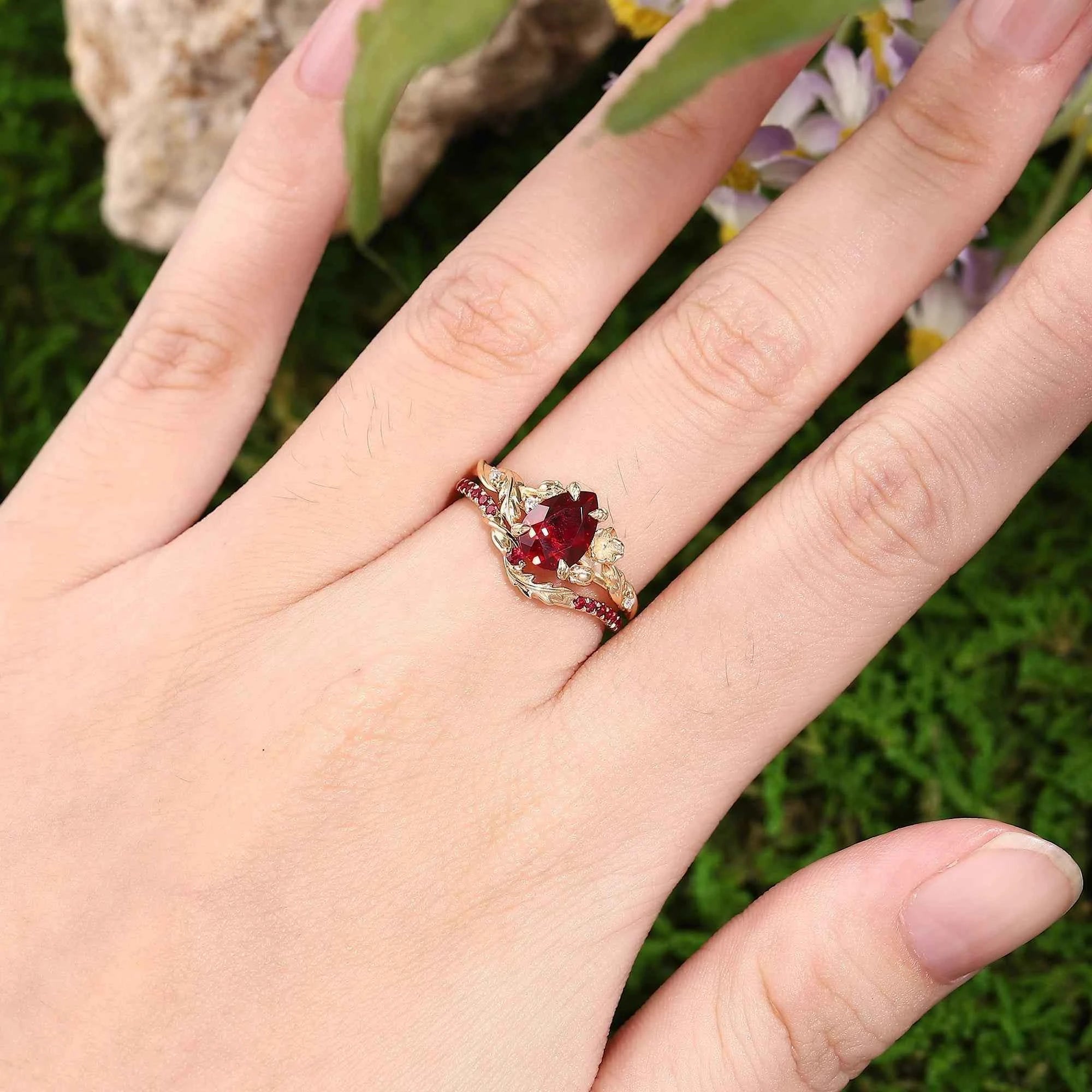 Floral Inspired | Daffodils Design Ruby Engagement Ring Set