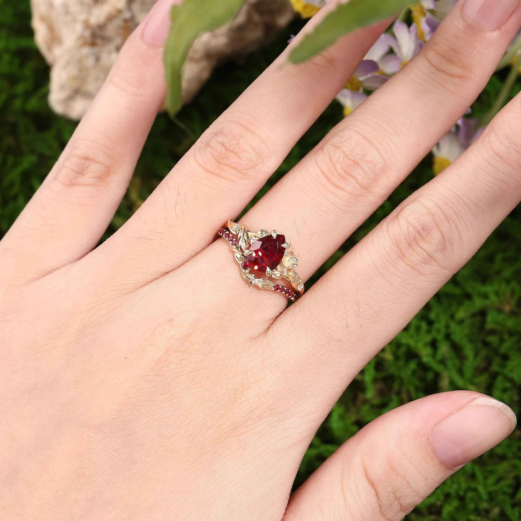 Floral Inspired | Poppy Design Ruby Engagement Ring Set