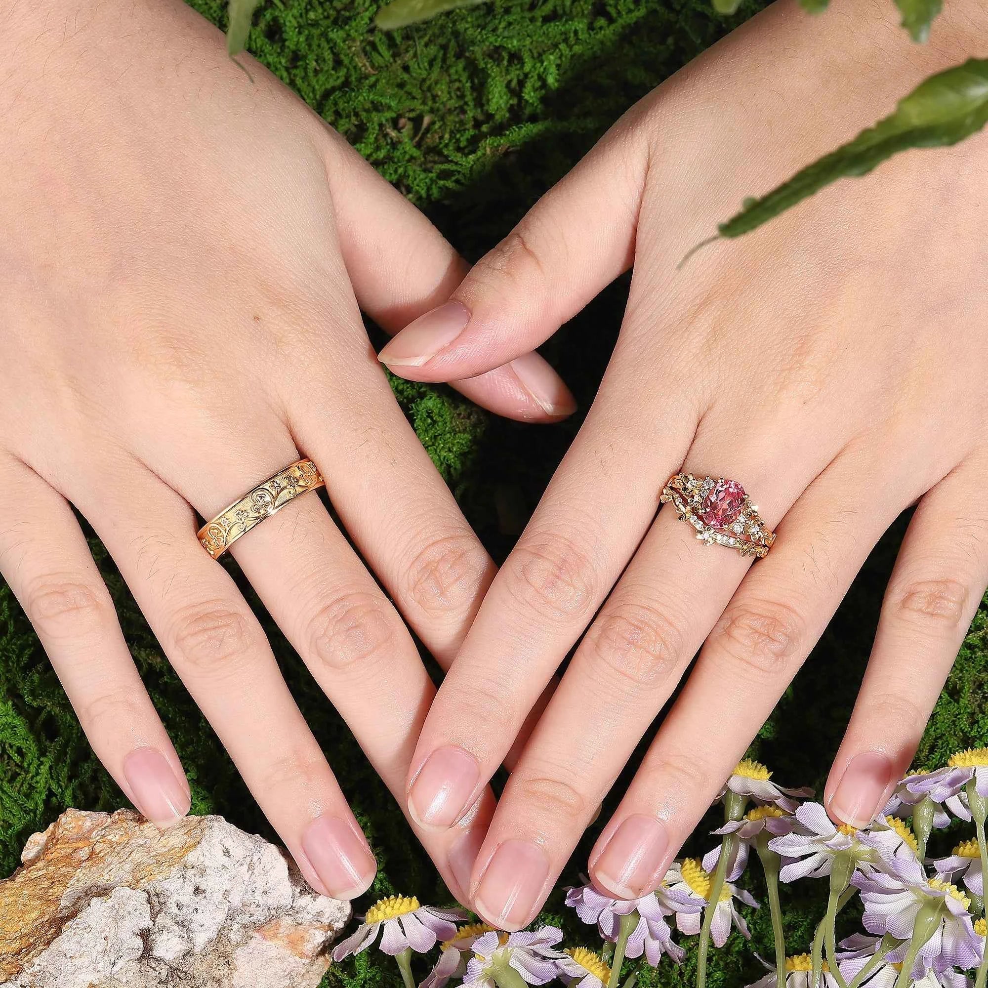 Floral Inspired | 3pcs Poppy Design Ruby Couple Rings Set