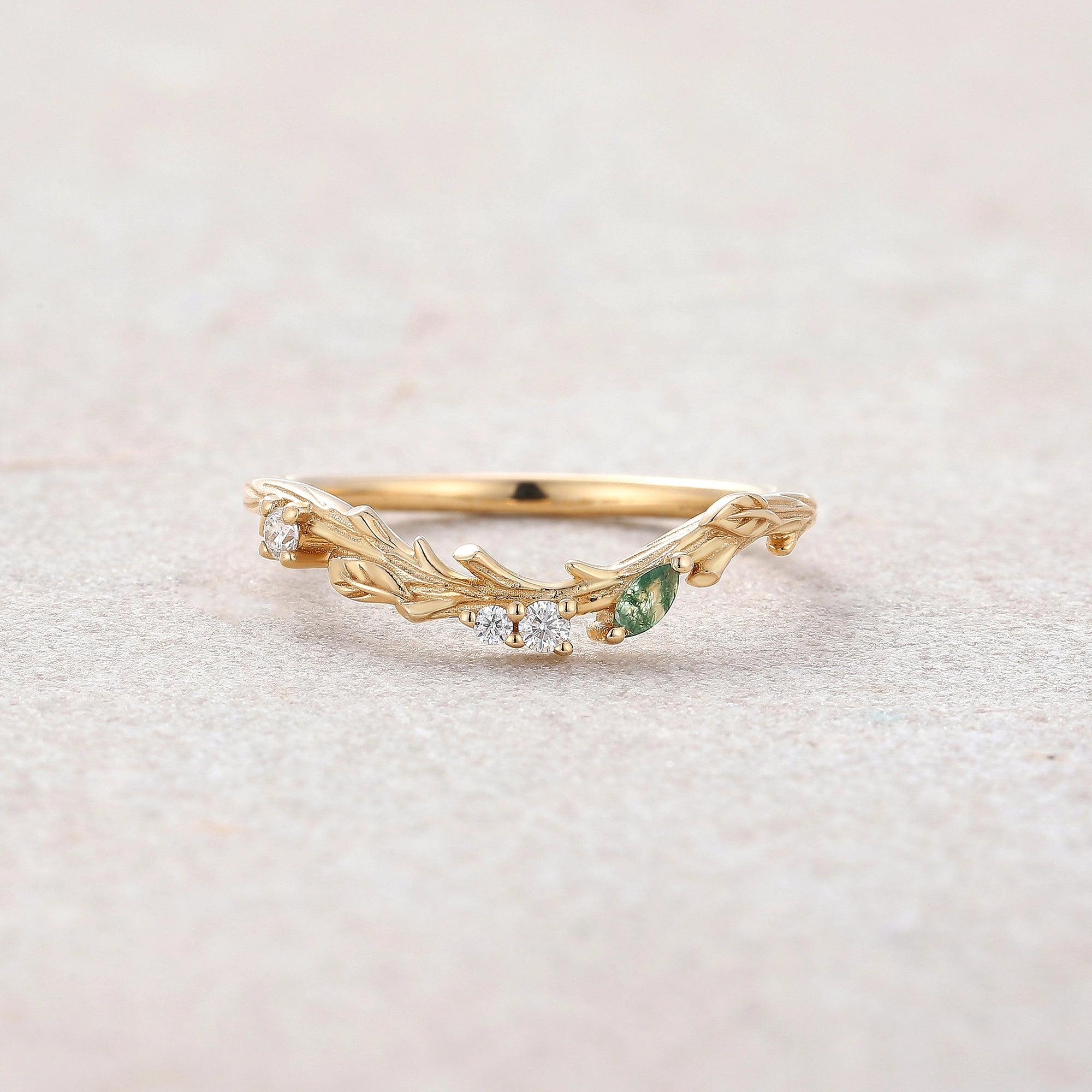 Bark Inspired | Tree Texture Curved Wedding Band with Moss Agate