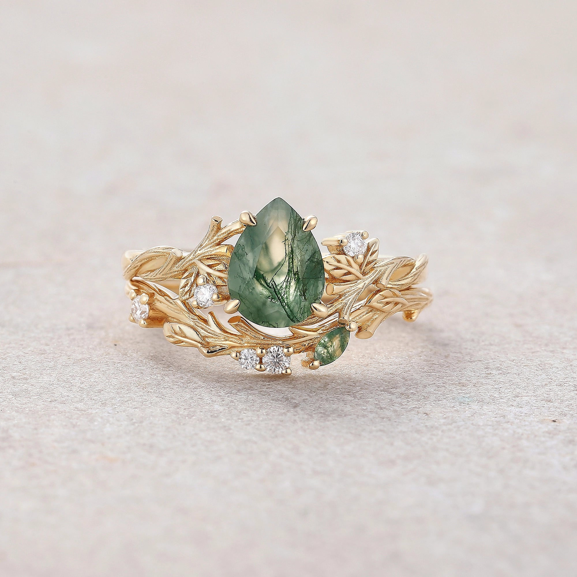 Bark Inspired | Moss Agate Engagement Ring Set Tree Texture