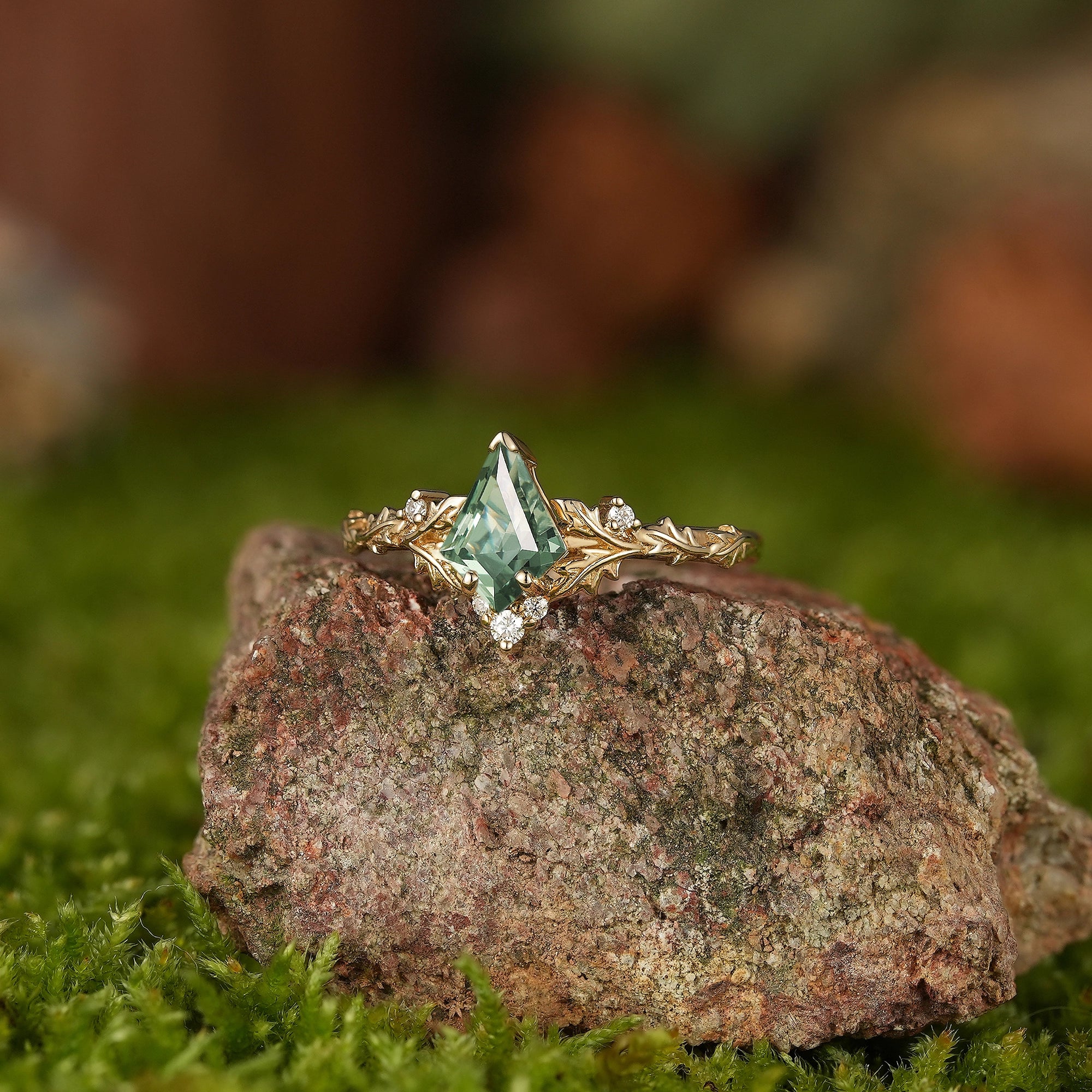 LCCjewelry | Unique Kite Cut Olive Green Sapphire Leaf Engagement Ring - LCCjewelry