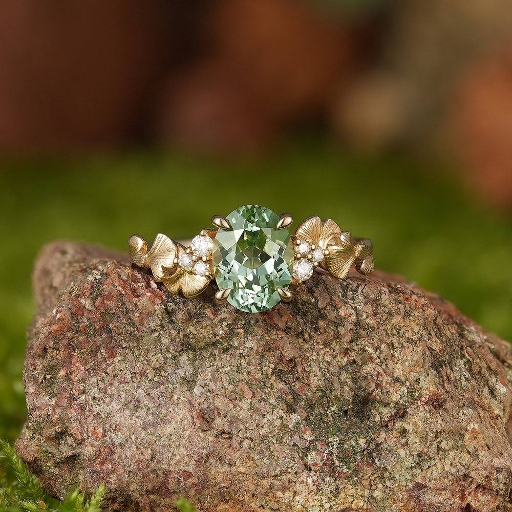Leaf Inspired | Ginkgo Leaf Design Green Sapphire Engagement Ring