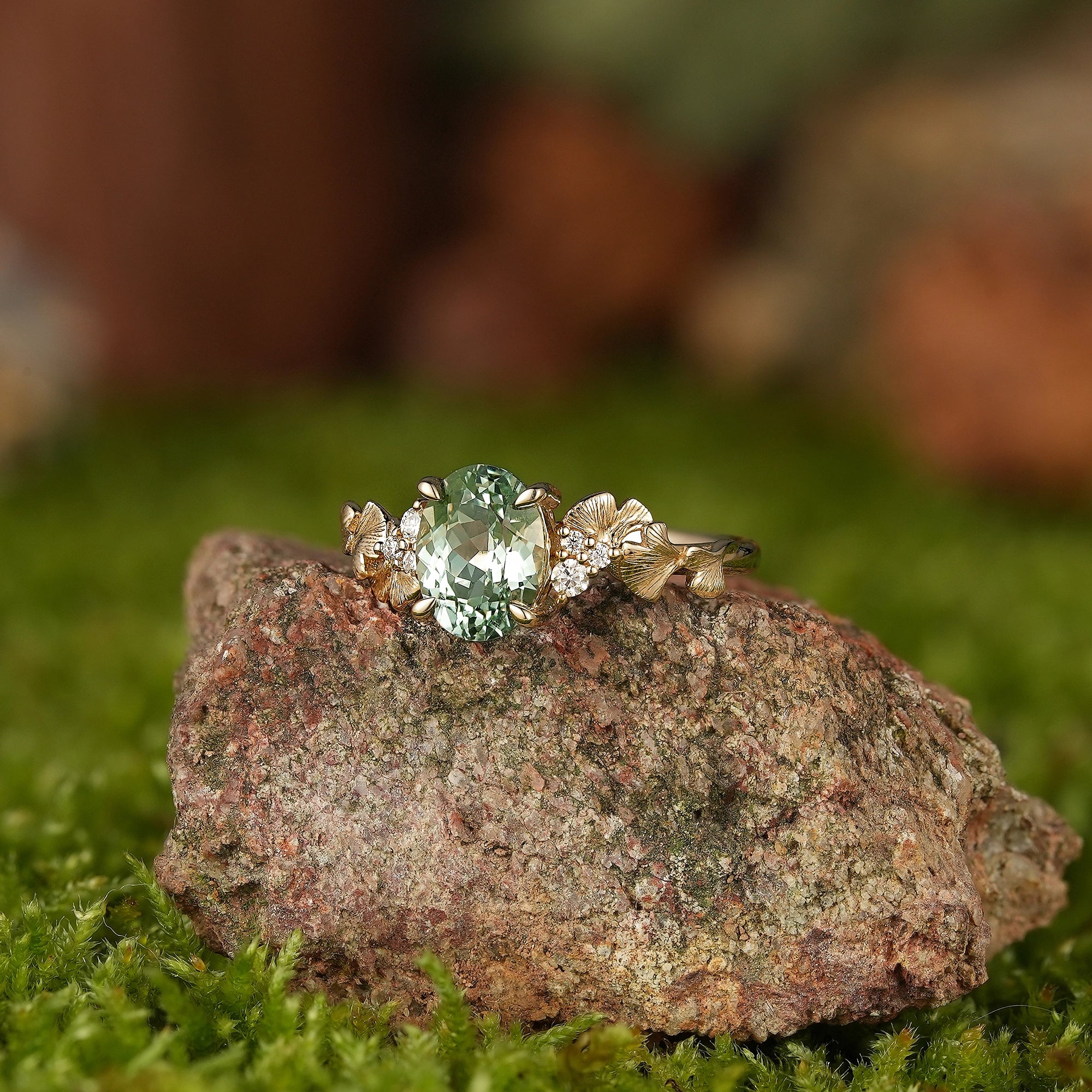 LCCjewelry | Yellow Gold Ginkgo Leaf Design Olive Green Sapphire Engagement Ring - LCCjewelry