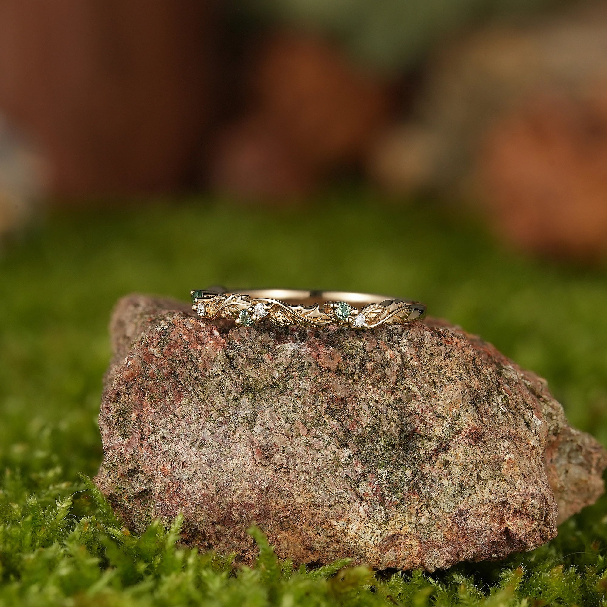 LCCjewelry | Nature Inspired Green Sapphire and moissanite Leaf Wedding Band - LCCjewelry
