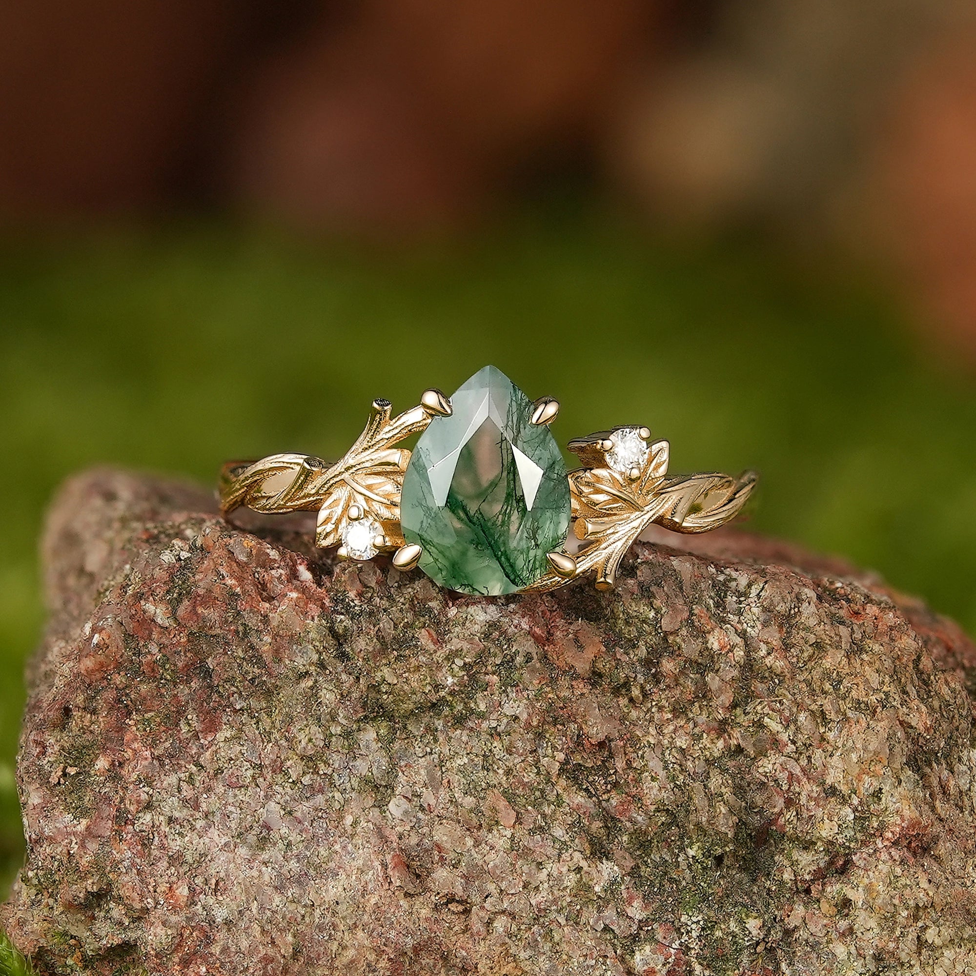 Bark Inspired | Pear Moss Agate Twig Engagement Ring