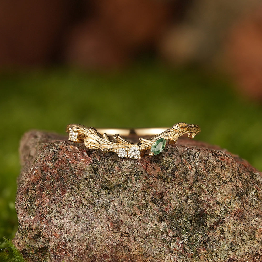 Bark Inspired | Tree Texture Curved Wedding Band with Moss Agate