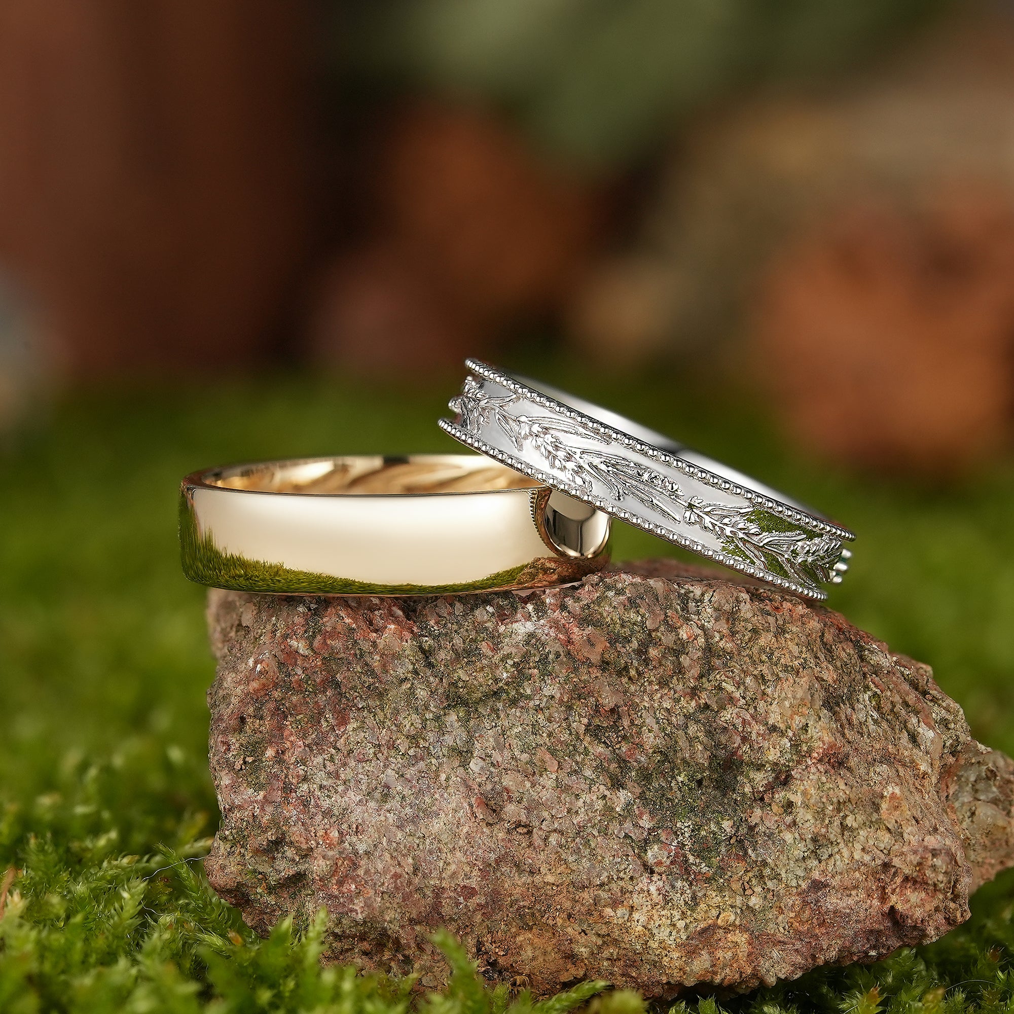 Nature Inspired Lavender Flower Couple Rings Engraved His & Hers Gold Rings - LCCjewelry