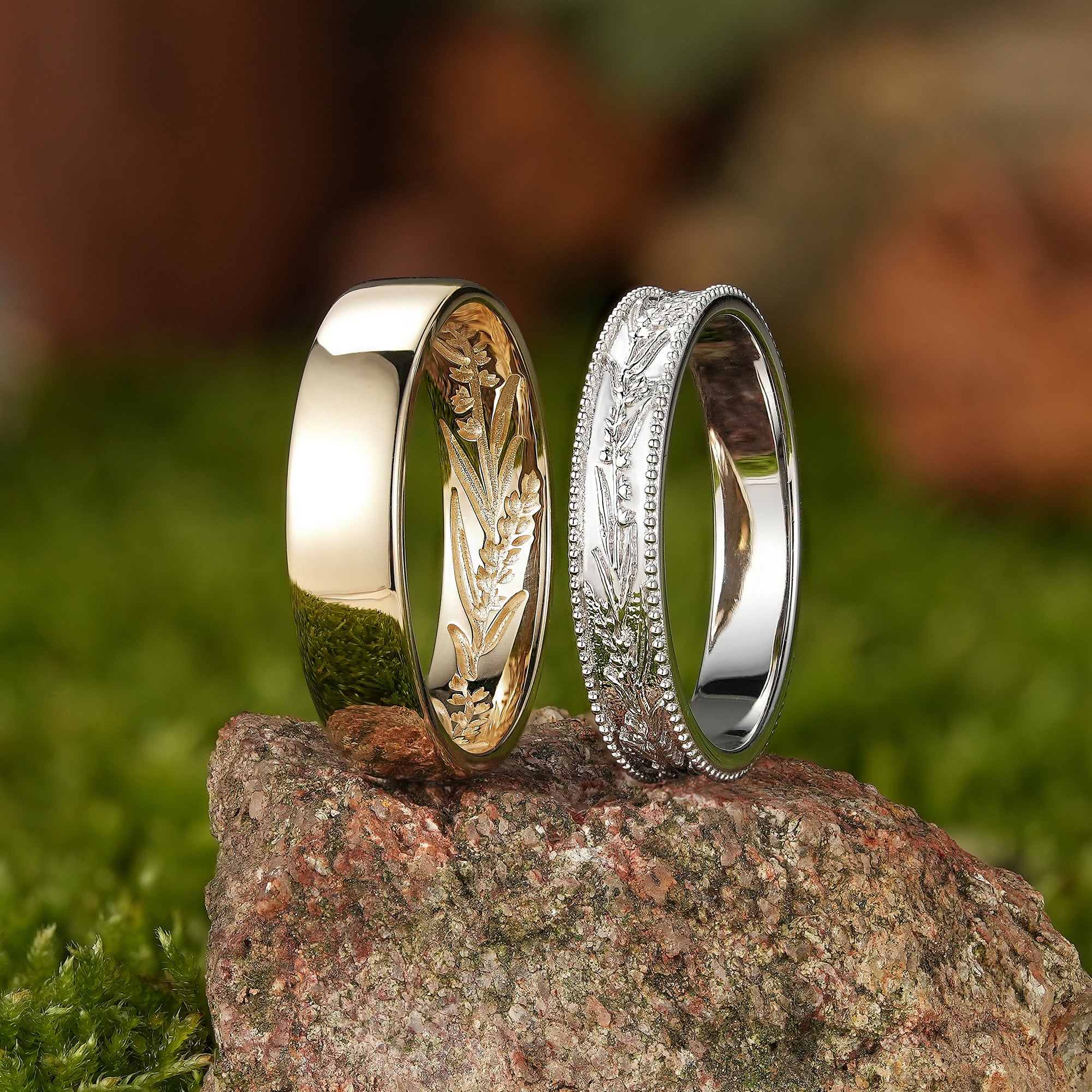 Nature Inspired Lavender Flower Couple Rings Engraved His & Hers Gold Rings - LCCjewelry