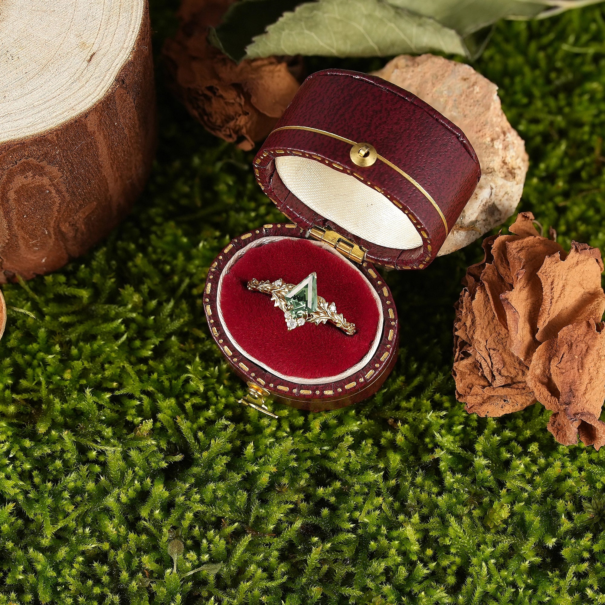 LCCjewelry | Unique Kite Cut Olive Green Sapphire Leaf Engagement Ring - LCCjewelry