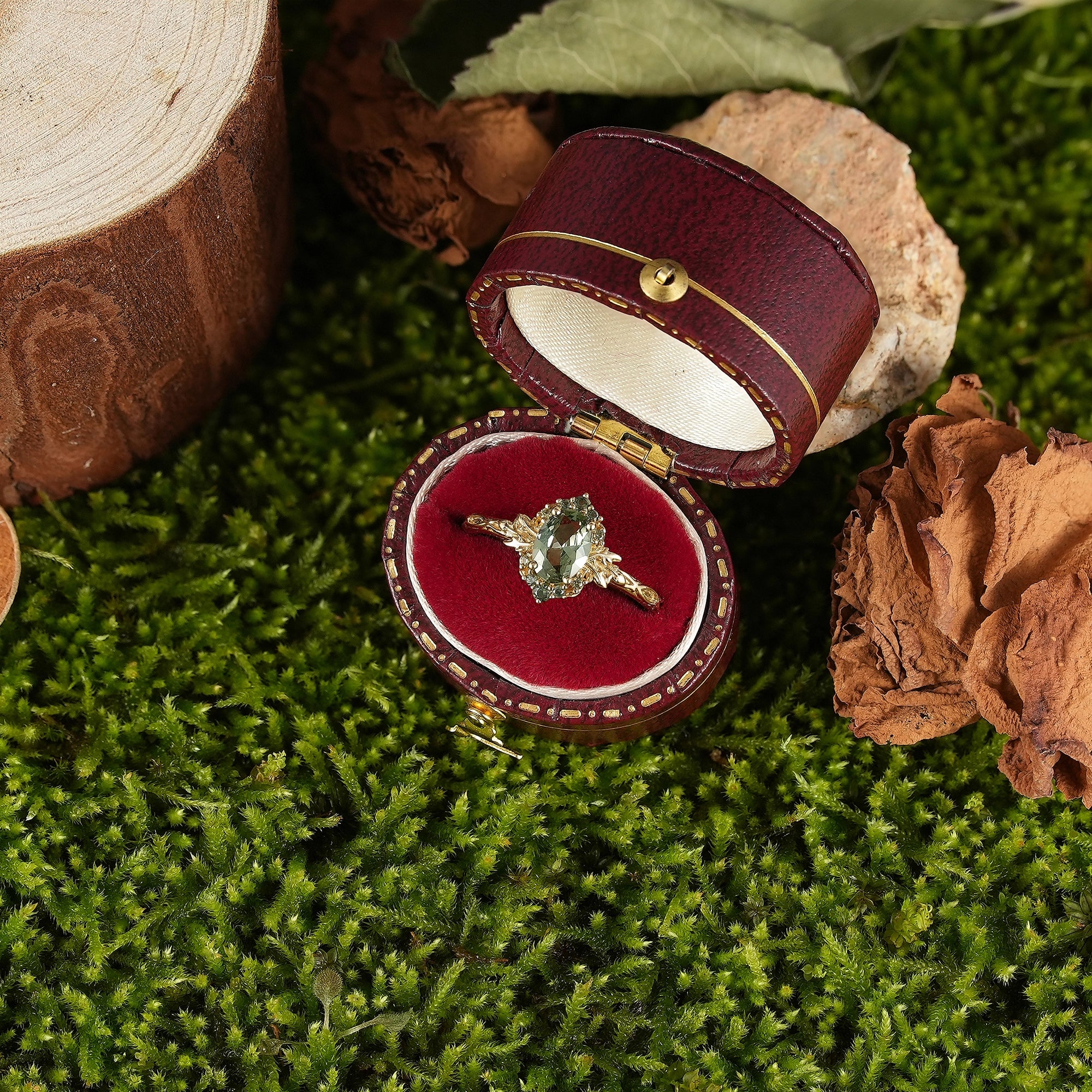 LCCjewelry | Yellow Gold Olive Green Sapphire Leaf Engagement Ring - LCCjewelry