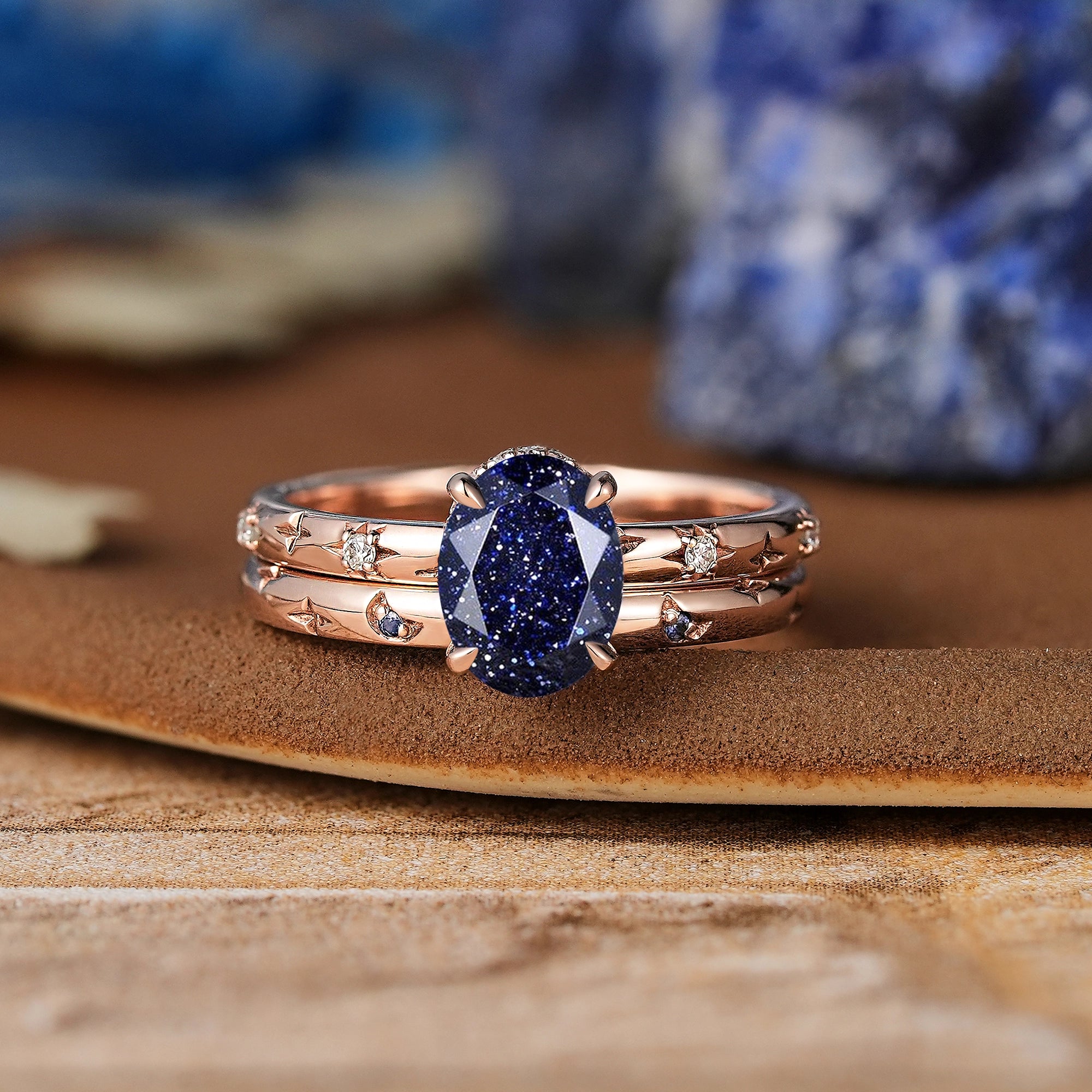 Star Inspired | Sandstone Star Engagement Ring Set Rose Gold Wedding Rings For Women - LCCjewelry