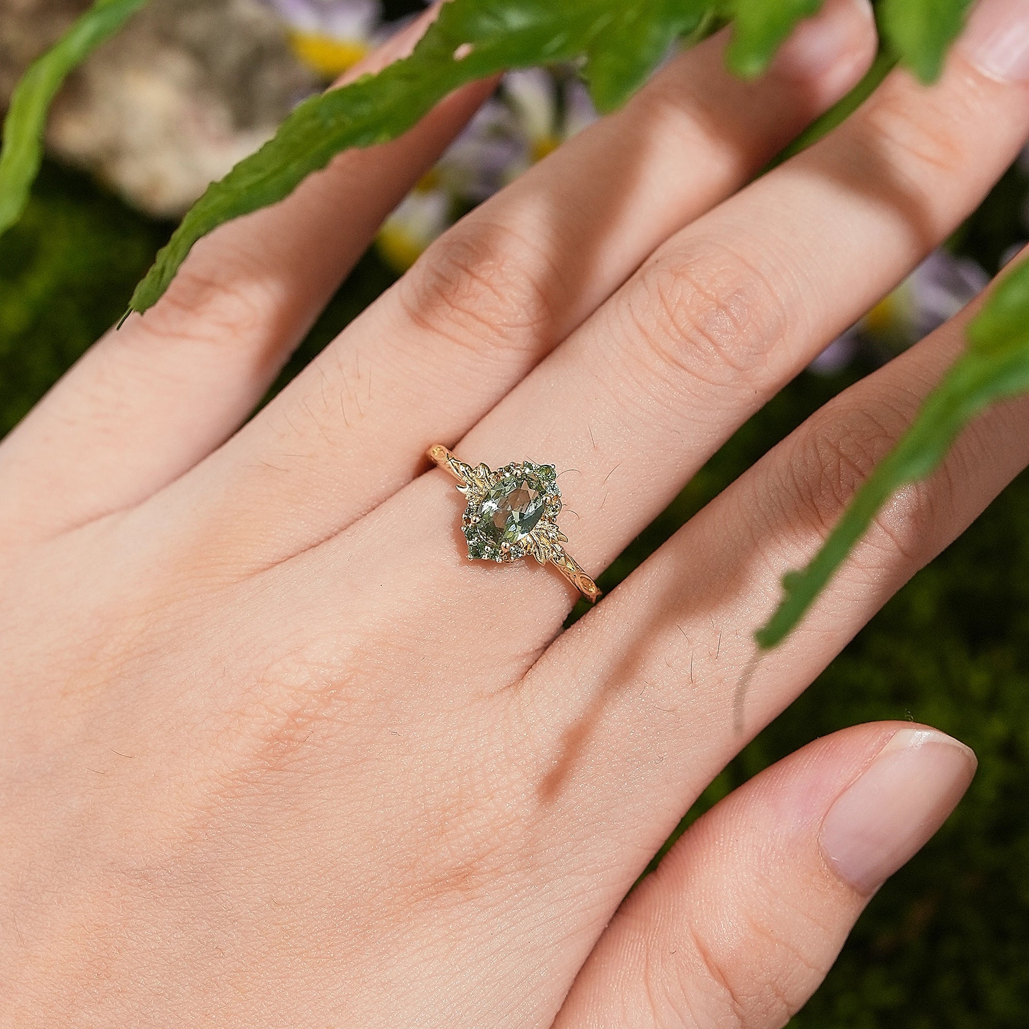 LCCjewelry | Yellow Gold Olive Green Sapphire Leaf Engagement Ring - LCCjewelry