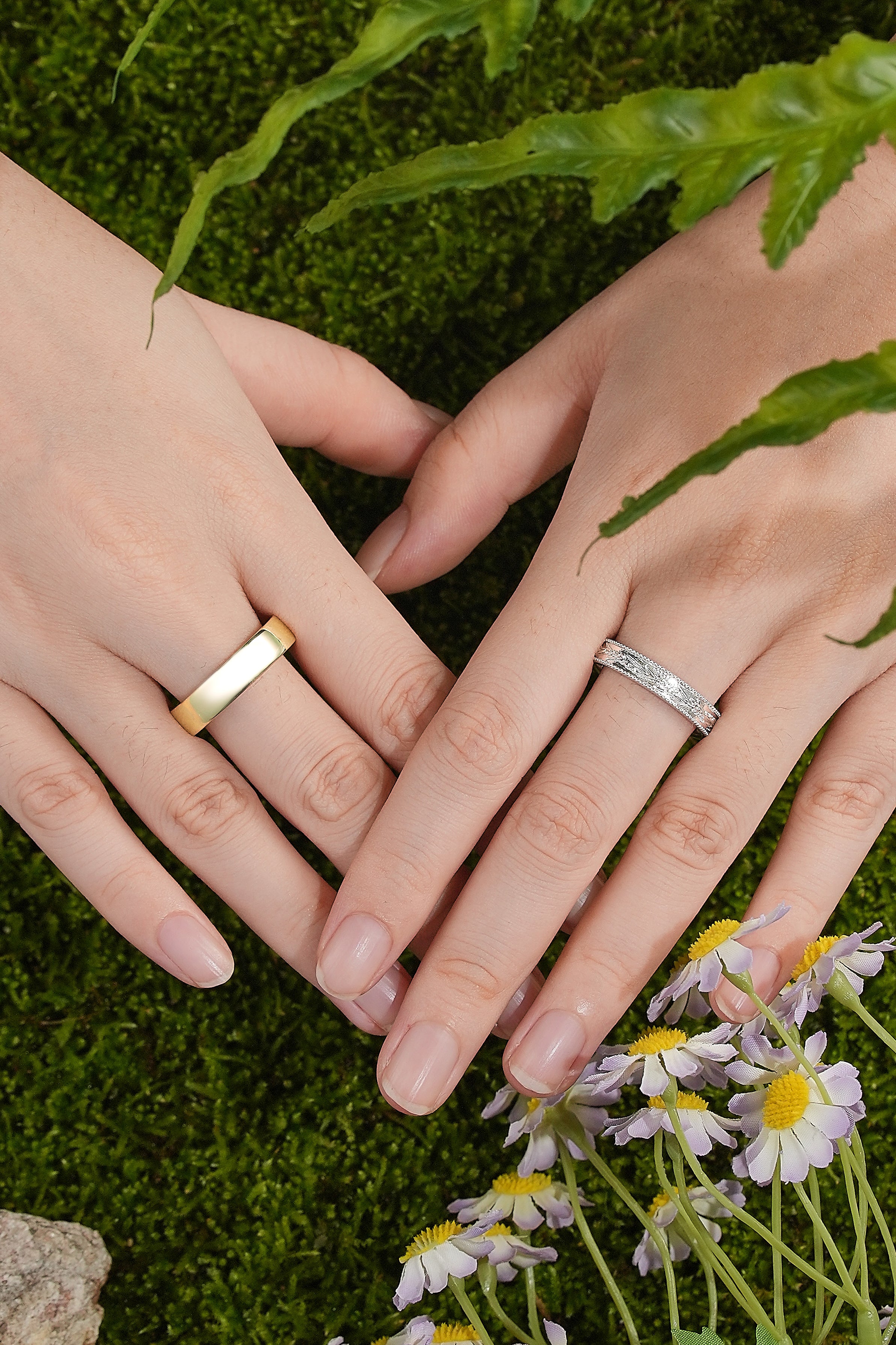 Nature Inspired Lavender Flower Couple Rings Engraved His & Hers Gold Rings - LCCjewelry