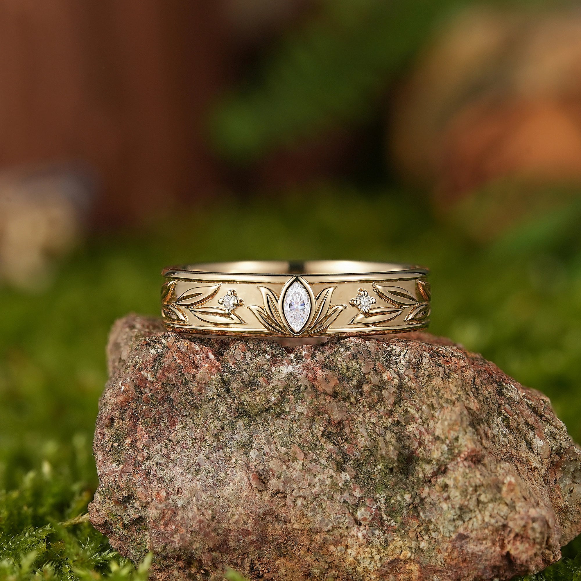 Nature Inspired Lotus Wedding Band - Marquise Center - LCCjewelry