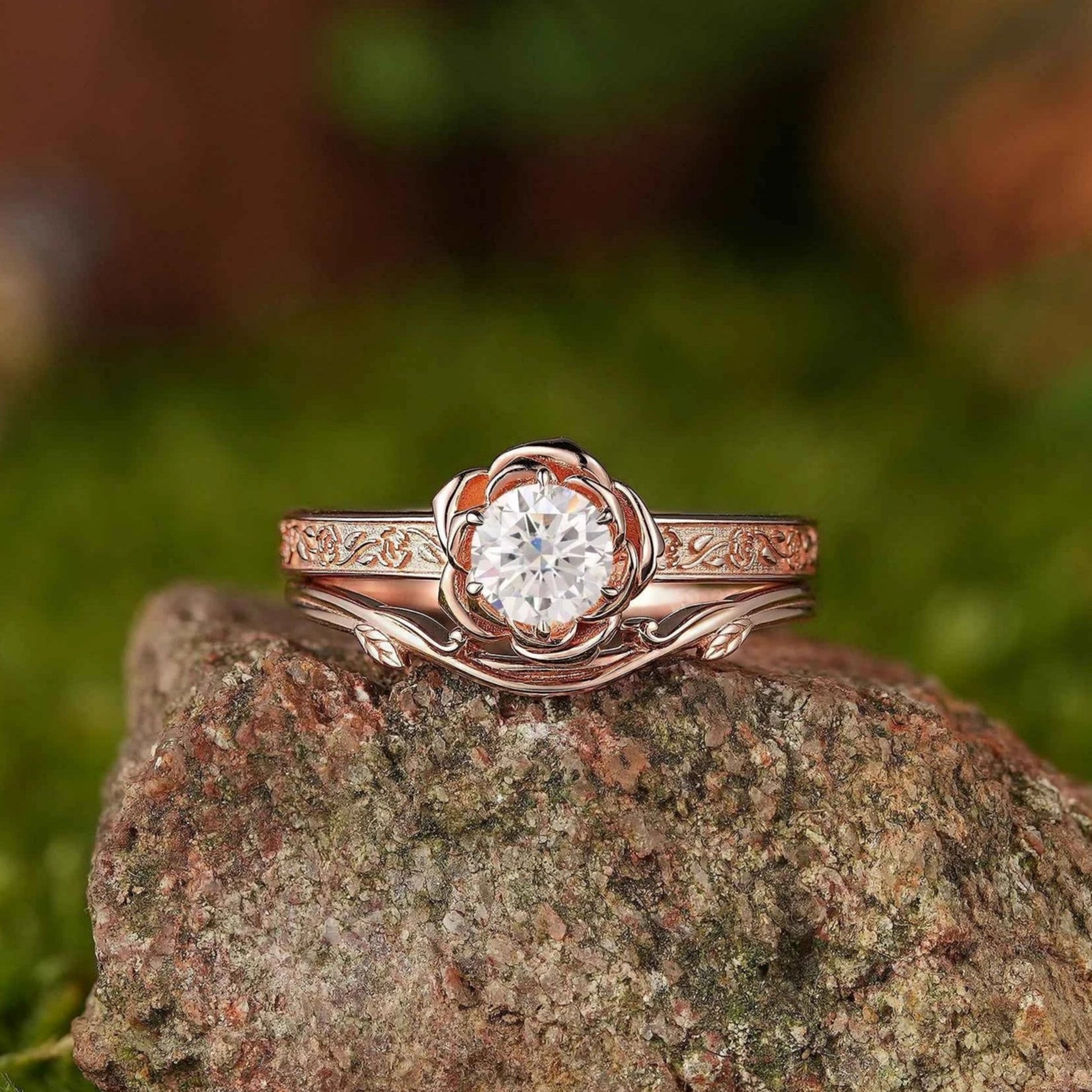 Floral Inspired | Rose Design Moissanite Engagement Ring Set
