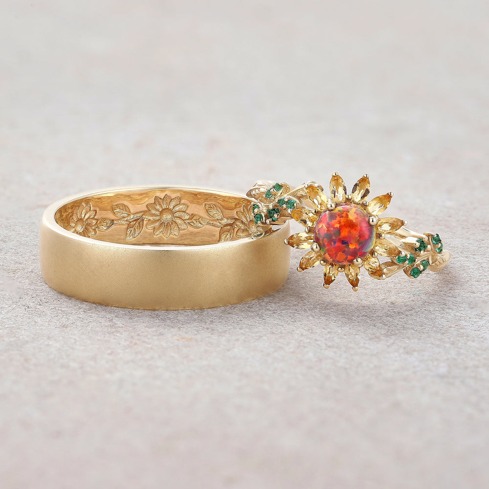 LCCjewelry | Sunflower Couple Ring & Gold Leaf Wedding Set