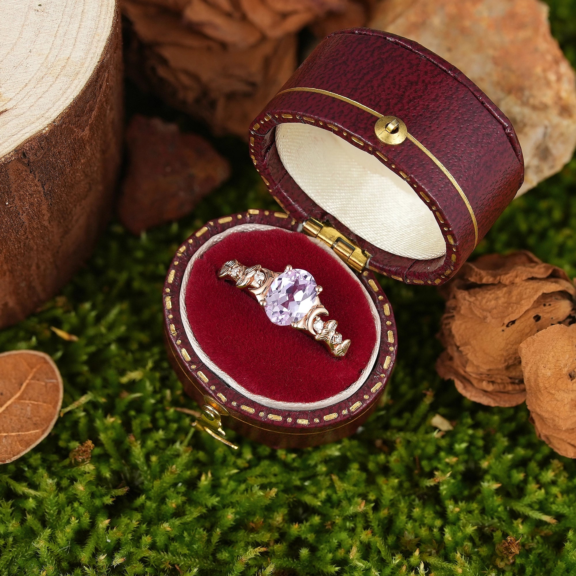 Leaf Inspired | Unique Purple Sapphire Engagement Ring Ginkgo Leaf Design - LCCjewelry