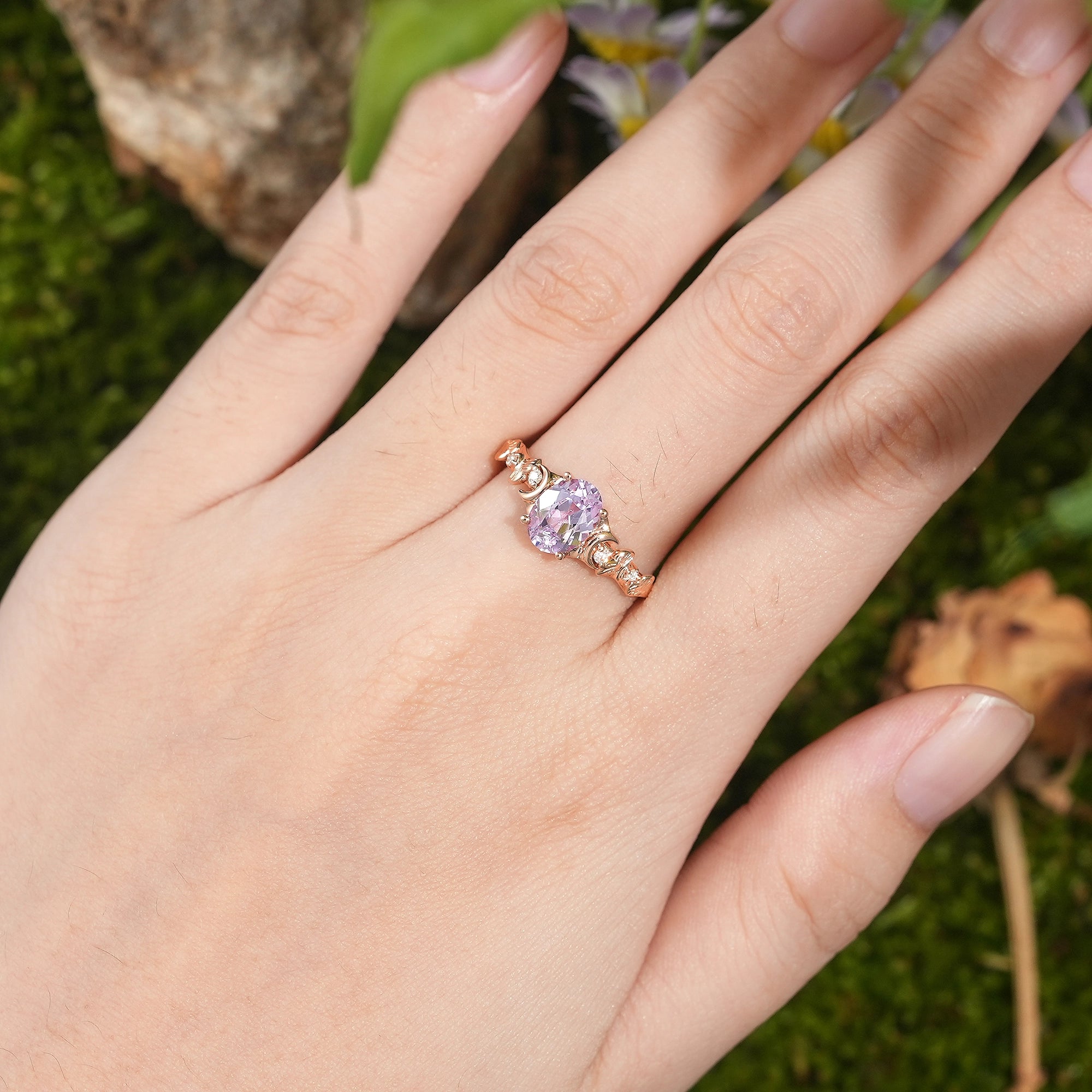 Leaf Inspired | Unique Purple Sapphire Engagement Ring Ginkgo Leaf Design - LCCjewelry