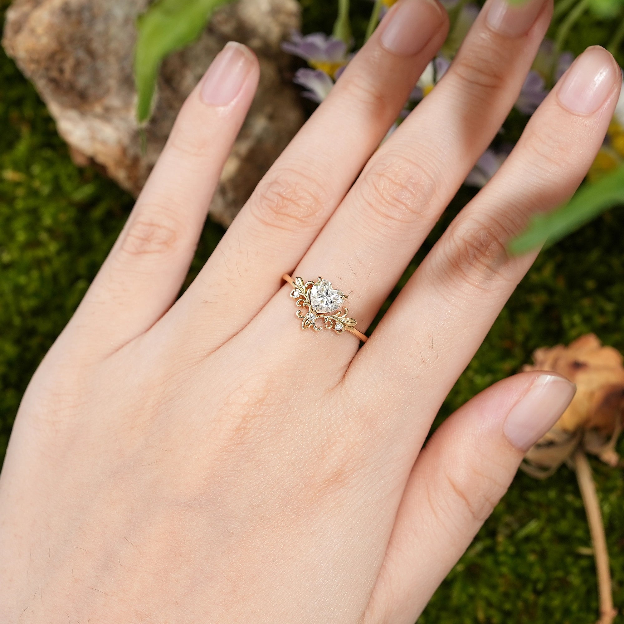 Floral Inspired | Iris Design Heart Cut Moissanite Engagement Ring - LCCjewelry