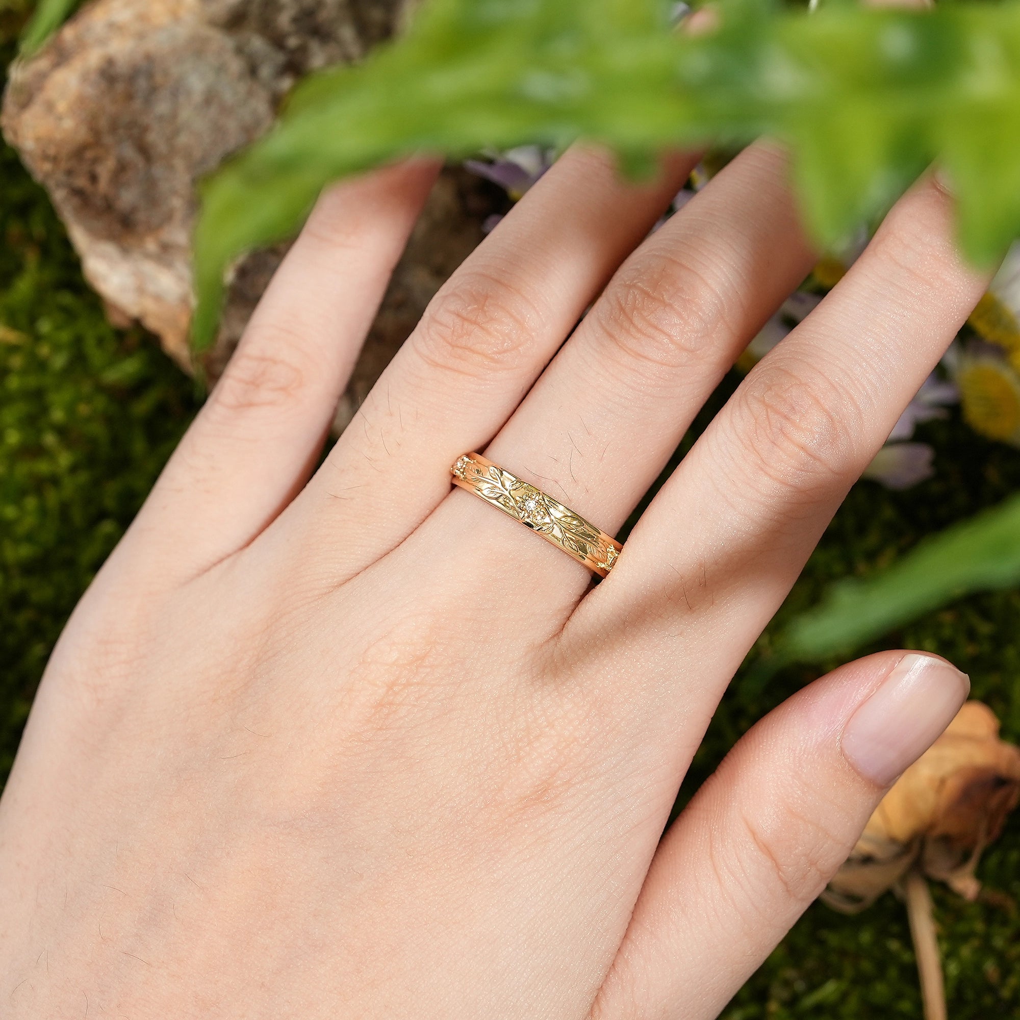 Floral Inspired | Unique Iris Design Moisanite Wedding Band - LCCjewelry