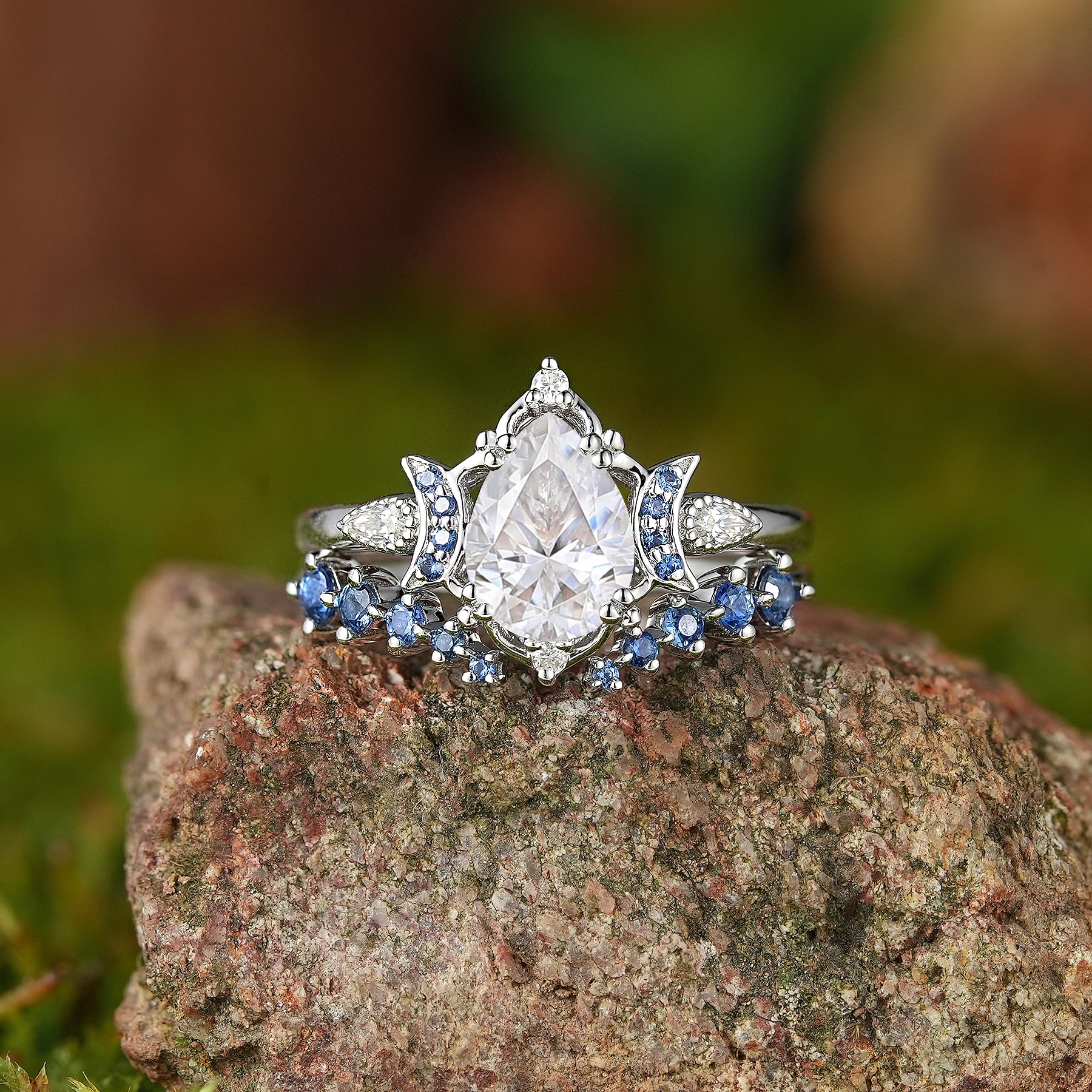 Moon Inspired | 2pcs Moissanite Moon Design Engagement Ring Set - LCCjewelry