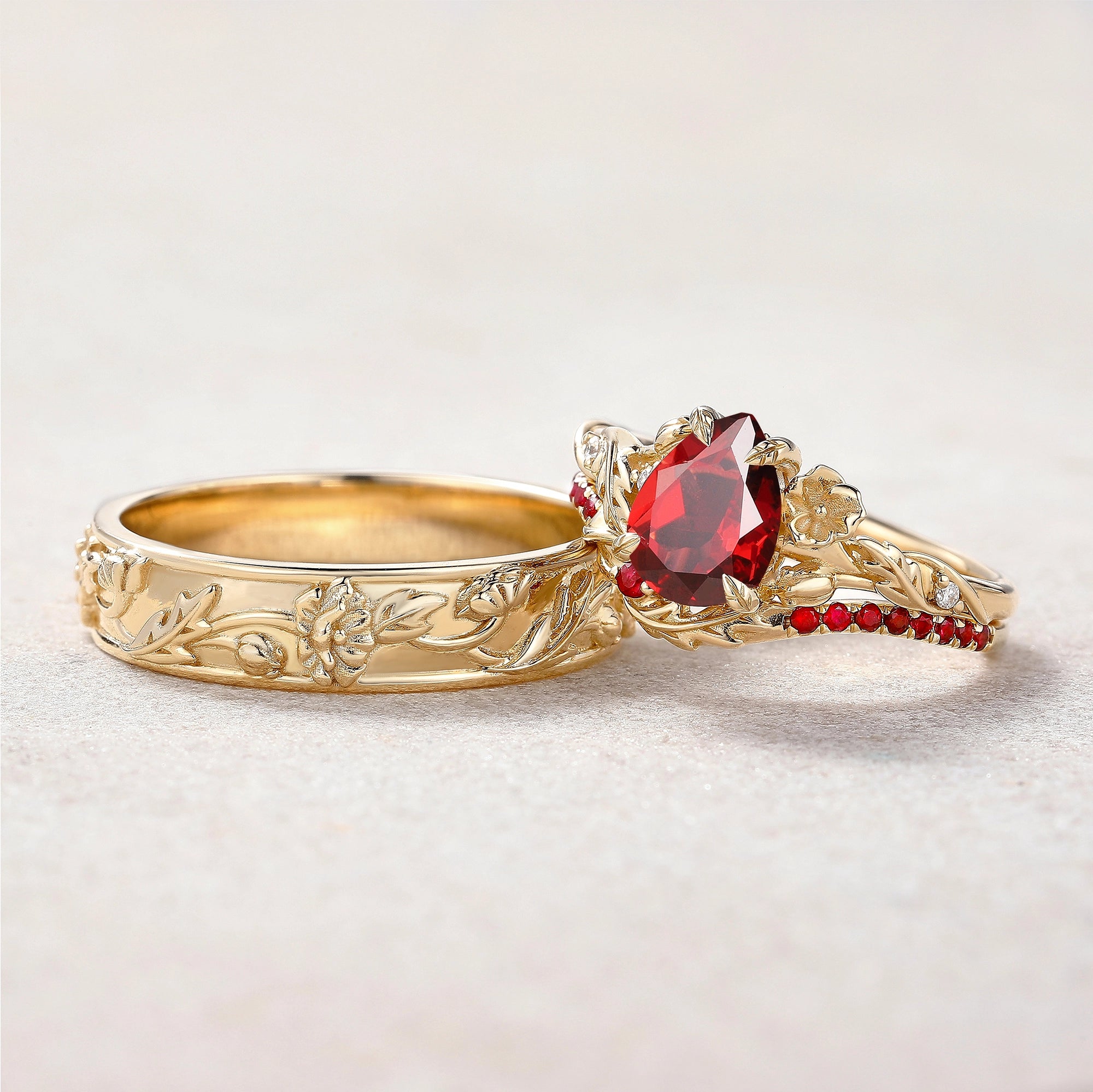 Floral Inspired | 3pcs Poppy Design Ruby Couple Rings Set
