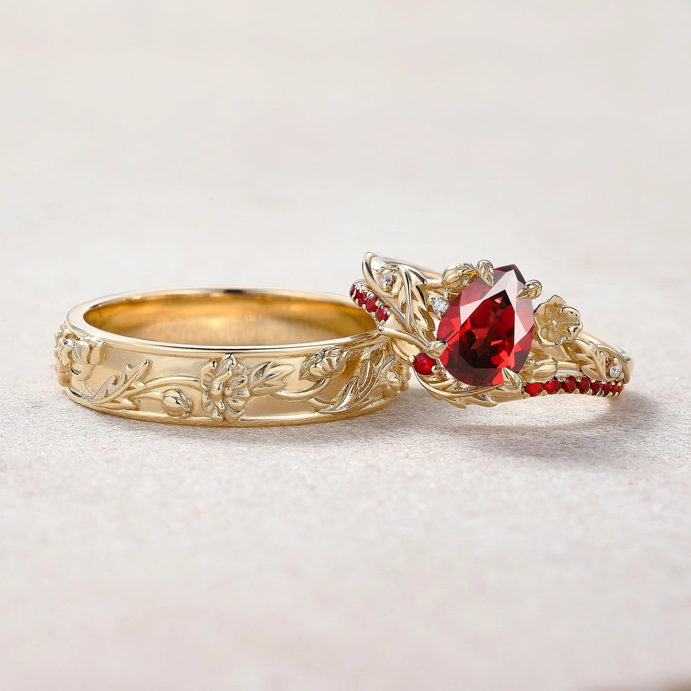 Floral Inspired | 3pcs Poppy Design Ruby Couple Rings Set