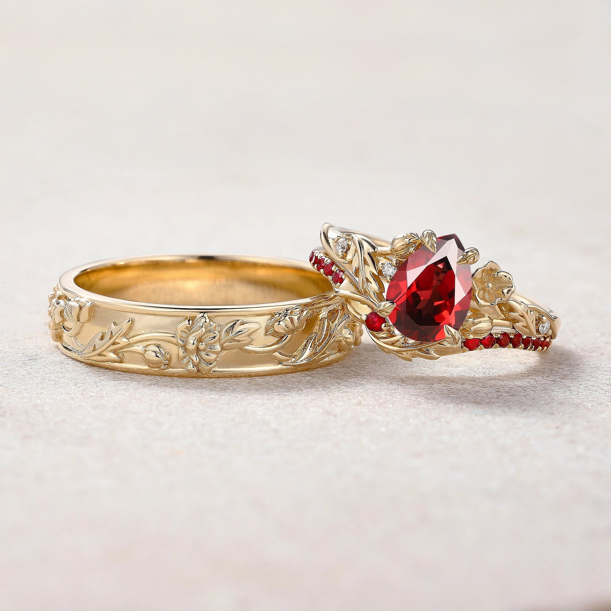 Floral Inspired | 3pcs Poppy Design Ruby Couple Rings Set
