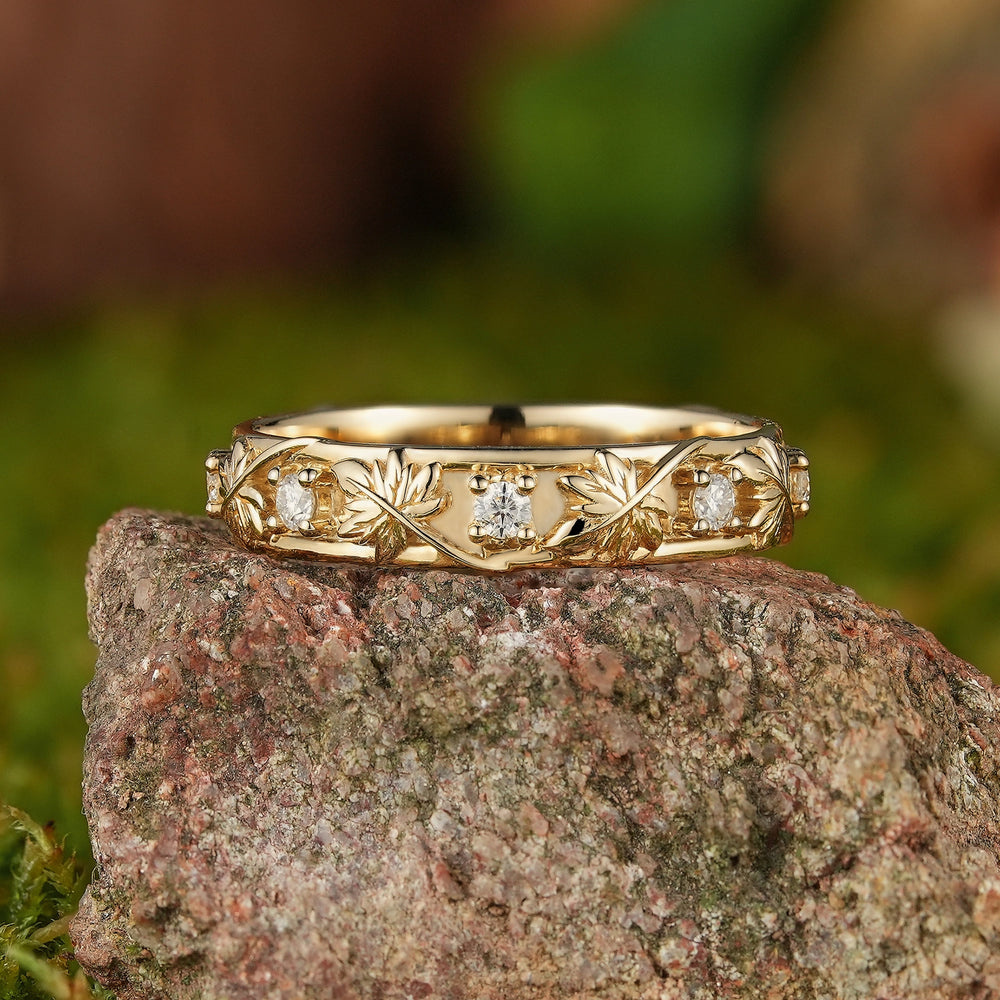 Leaf Inspired | Maple Leaf Design Moissanite Wedding Band