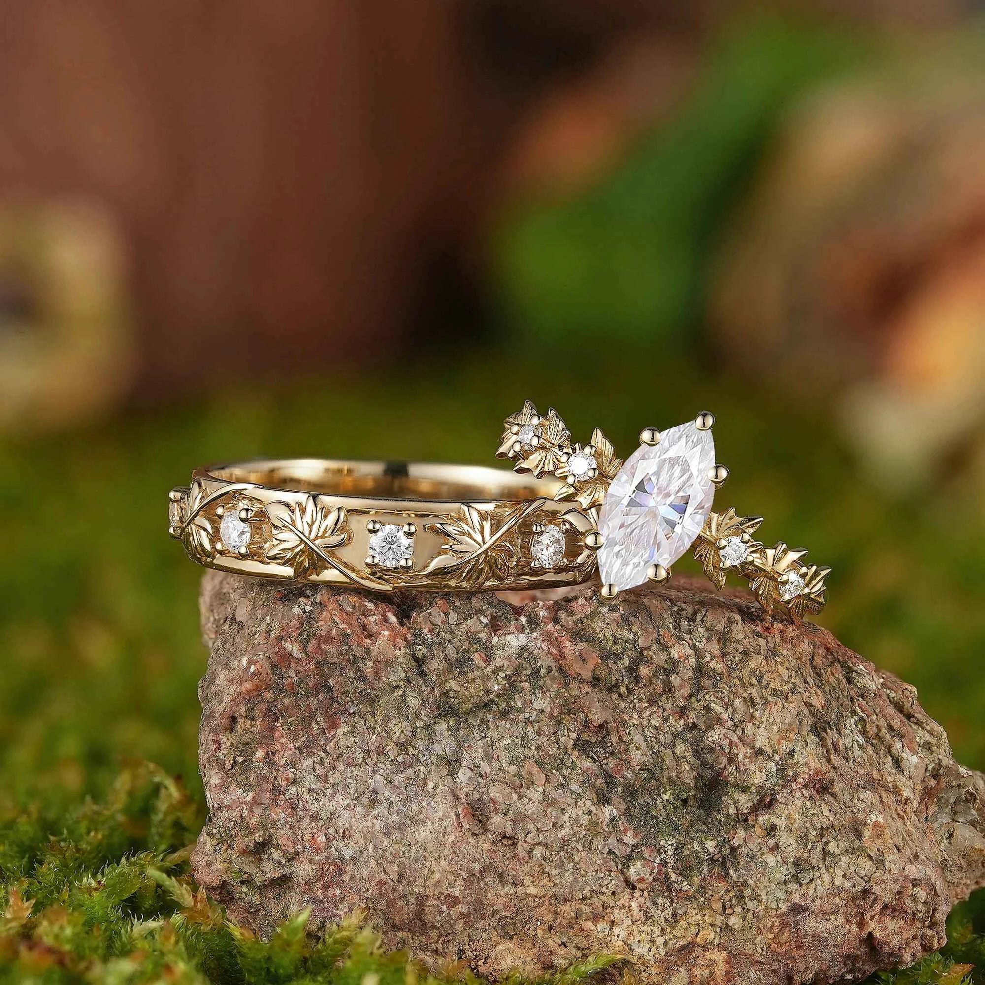 Leaf Inspired| 2pcs Olive Leaf Design Moss Agate Couple Ring Set