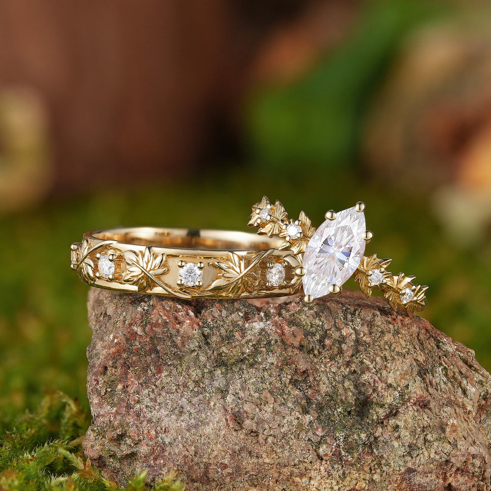 Leaf Inspired| 2pcs Maple Leaf Design Moissanite Couple Ring Set