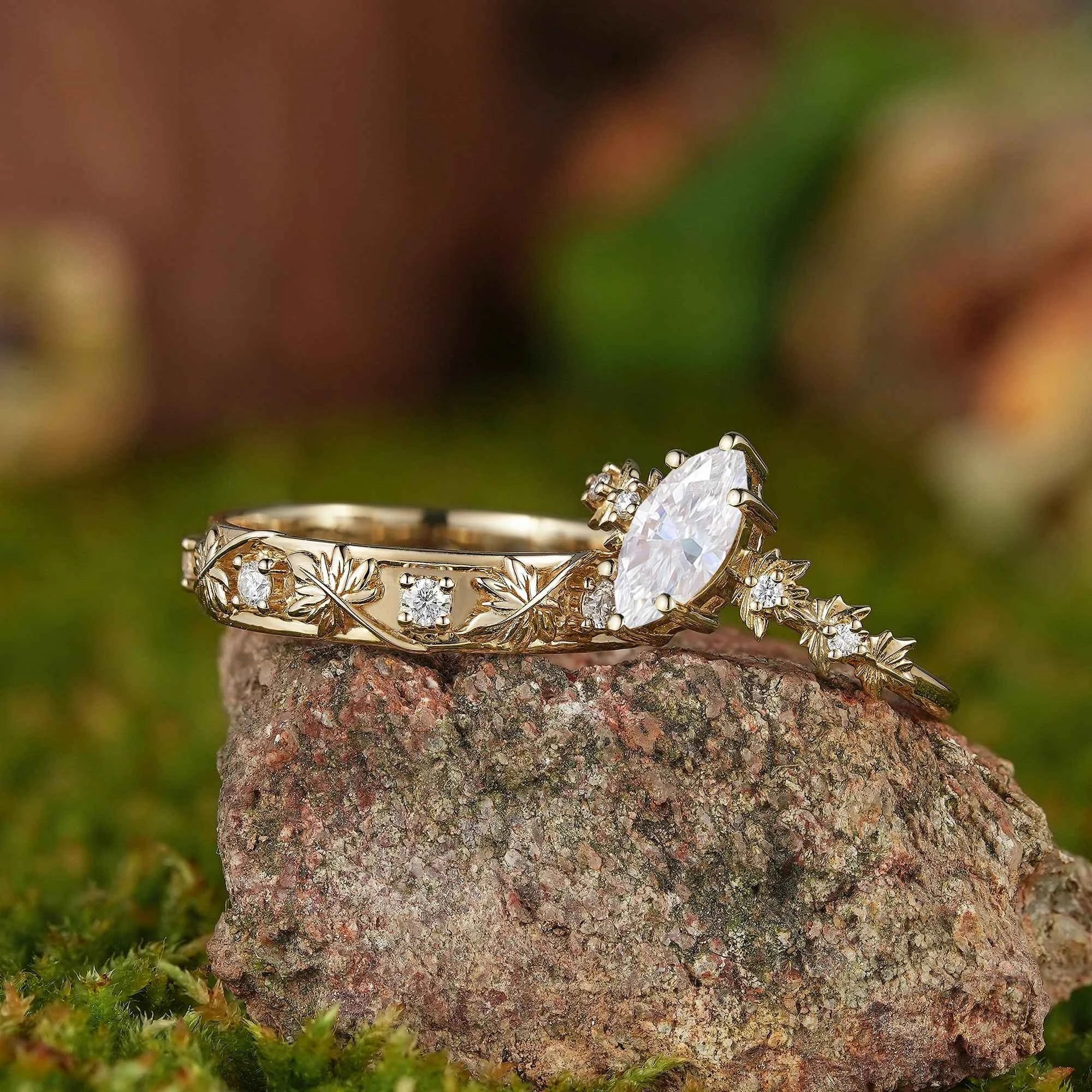 Leaf Inspired| 2pcs Olive Leaf Design Moss Agate Couple Ring Set