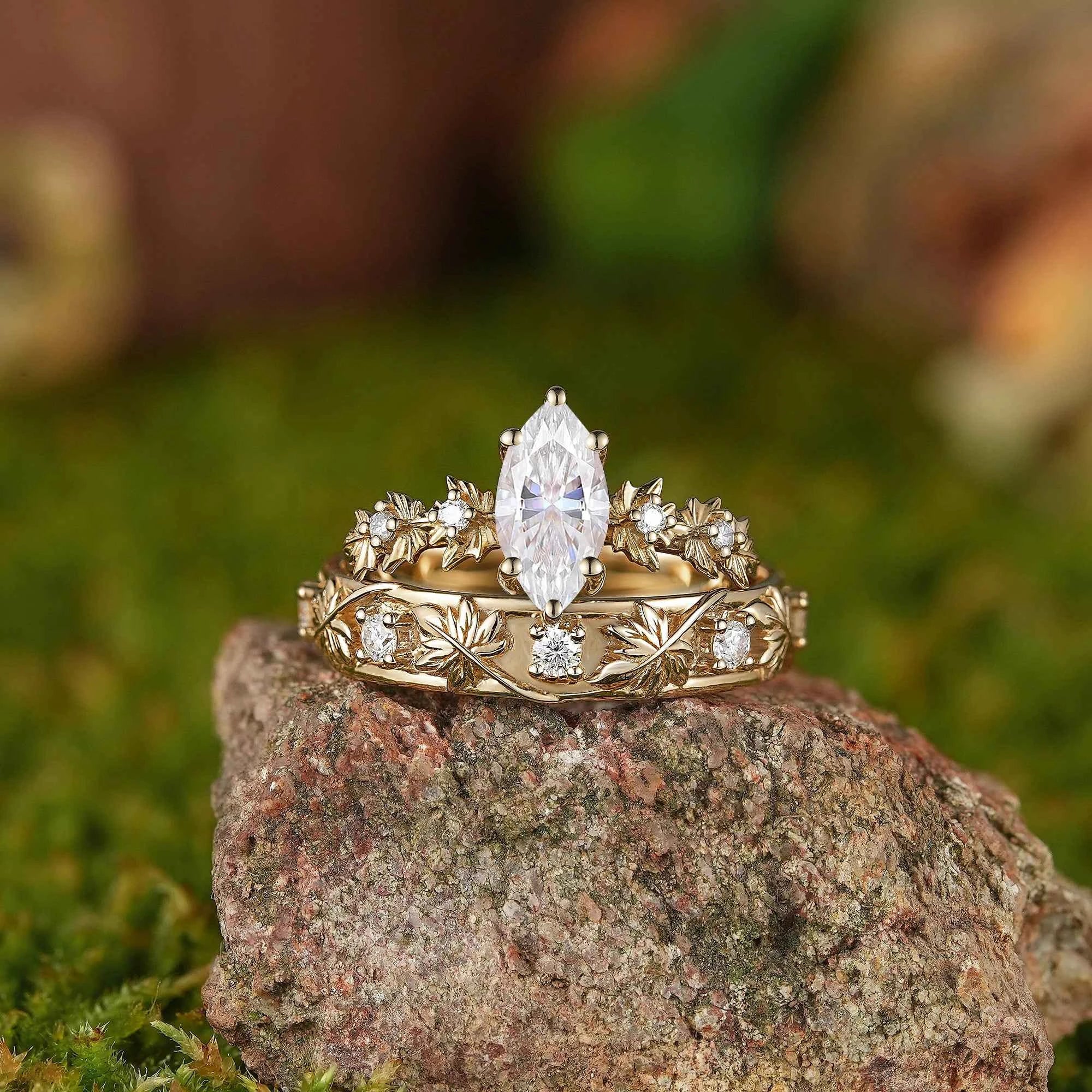 Leaf Inspired| 2pcs Olive Leaf Design Moss Agate Couple Ring Set