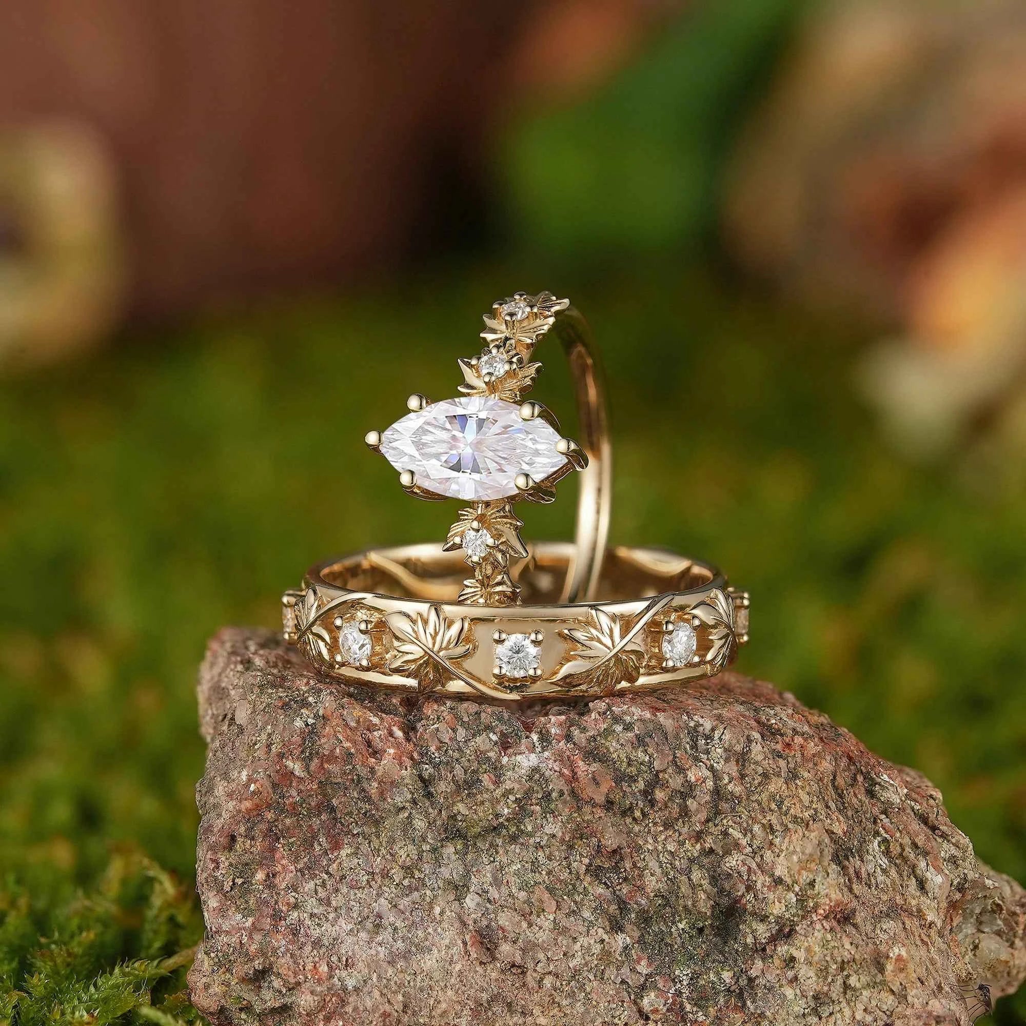 Leaf Inspired| 2pcs Olive Leaf Design Moss Agate Couple Ring Set
