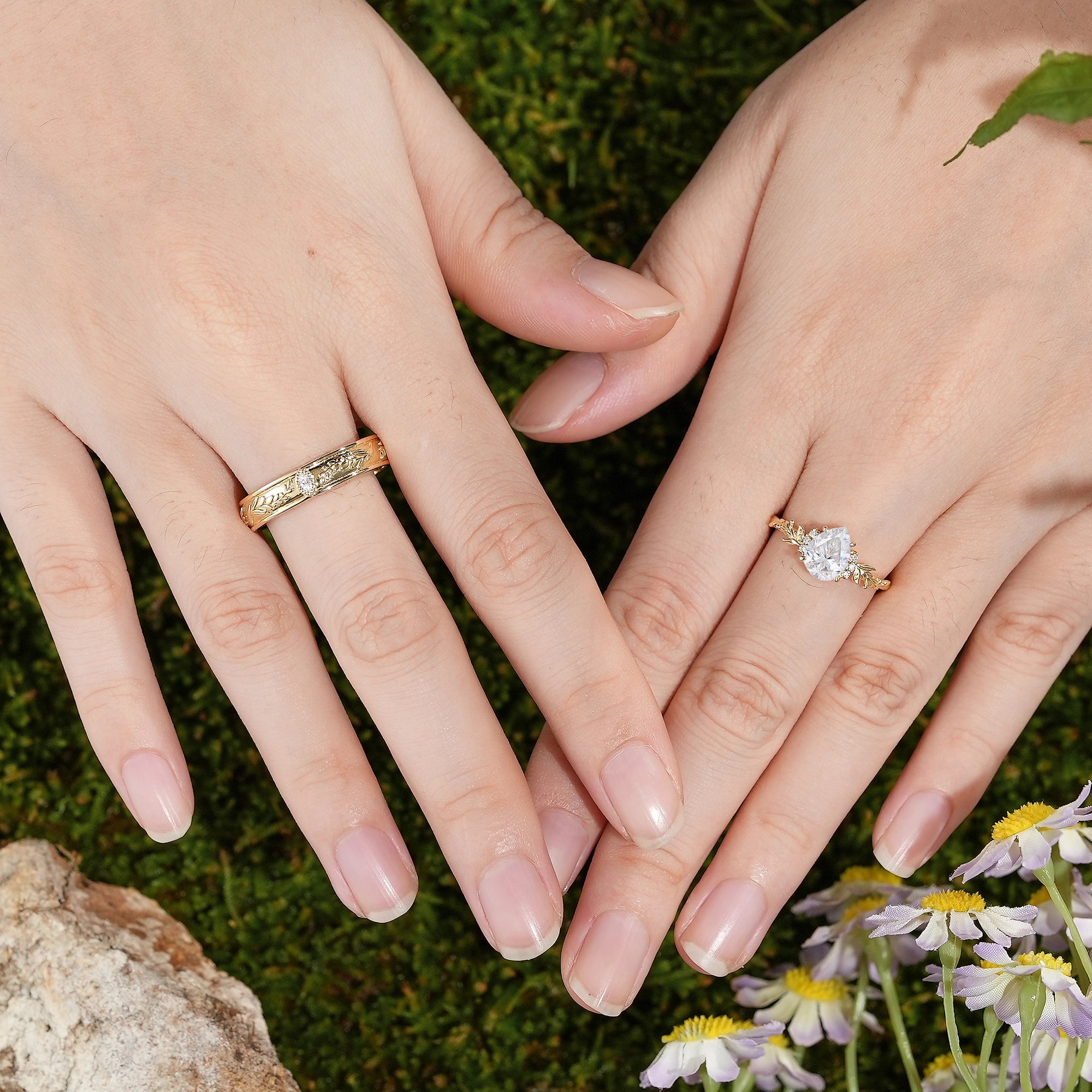 Floral Inspired | 2pcs Lavender Design Moissanite Couple Rings - LCCjewelry