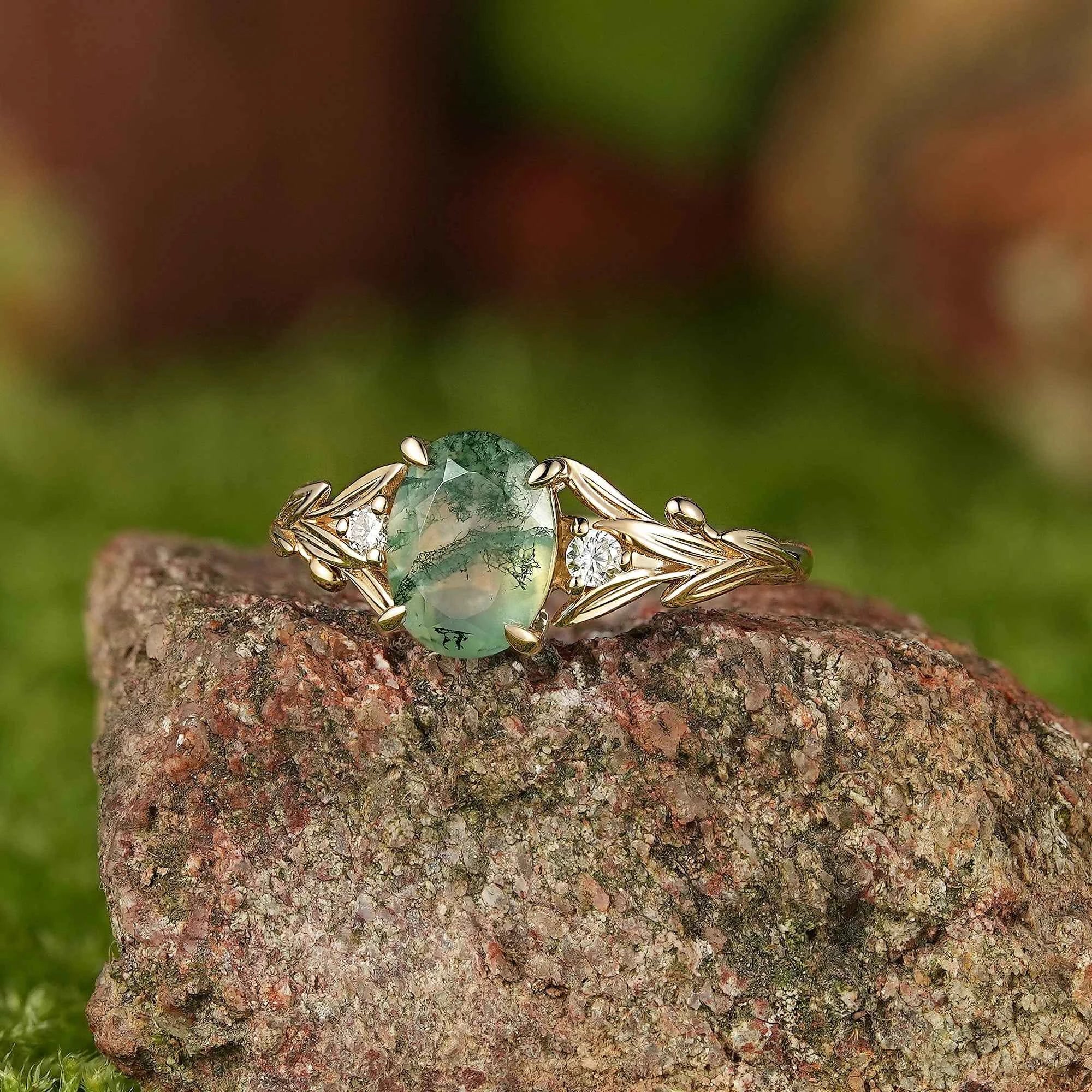 Leaf Inspired | Oak Leaf and Berry Design Moss Agate Engagement Ring