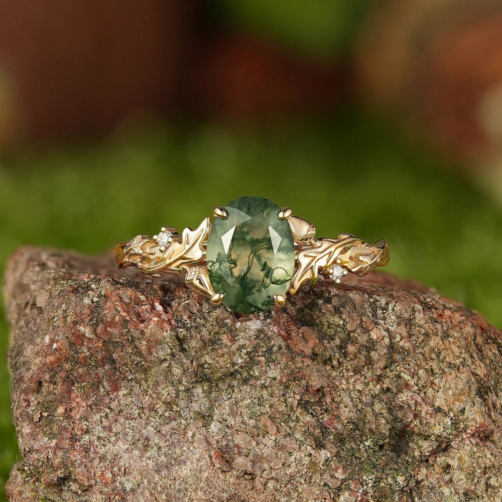 Leaf Inspired | Oak Leaf and Berry Design Moss Agate Engagement Ring